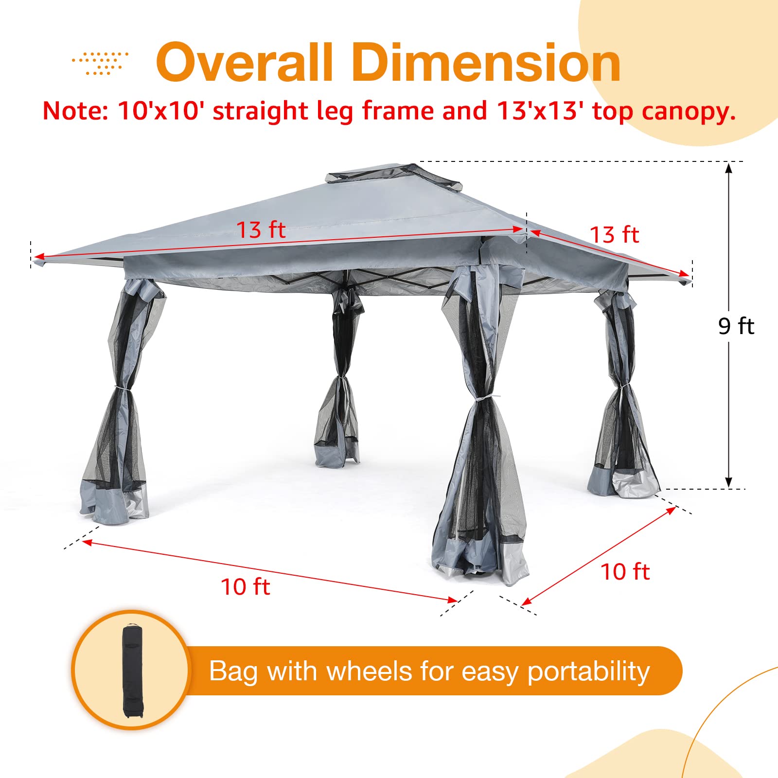 13’x13’ Pop Up Gazebo With Mosquito Netting, Outdoor Canopy Tent Shade, 5 colors, Metal Frame
