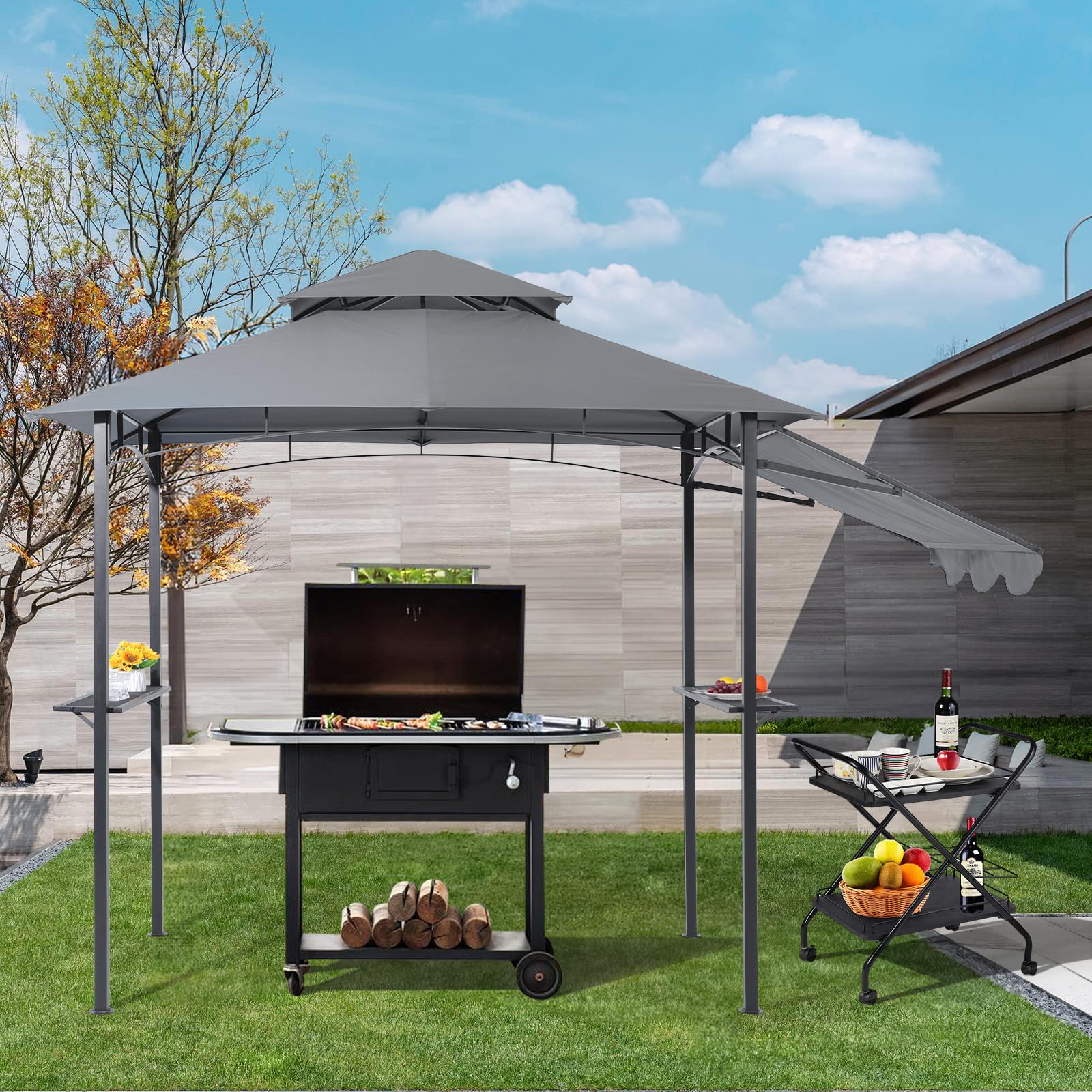 8' by 5' Metal Grill Gazebo with Side Awning, Double Tiered Soft Canopy Top, 4 Colors
