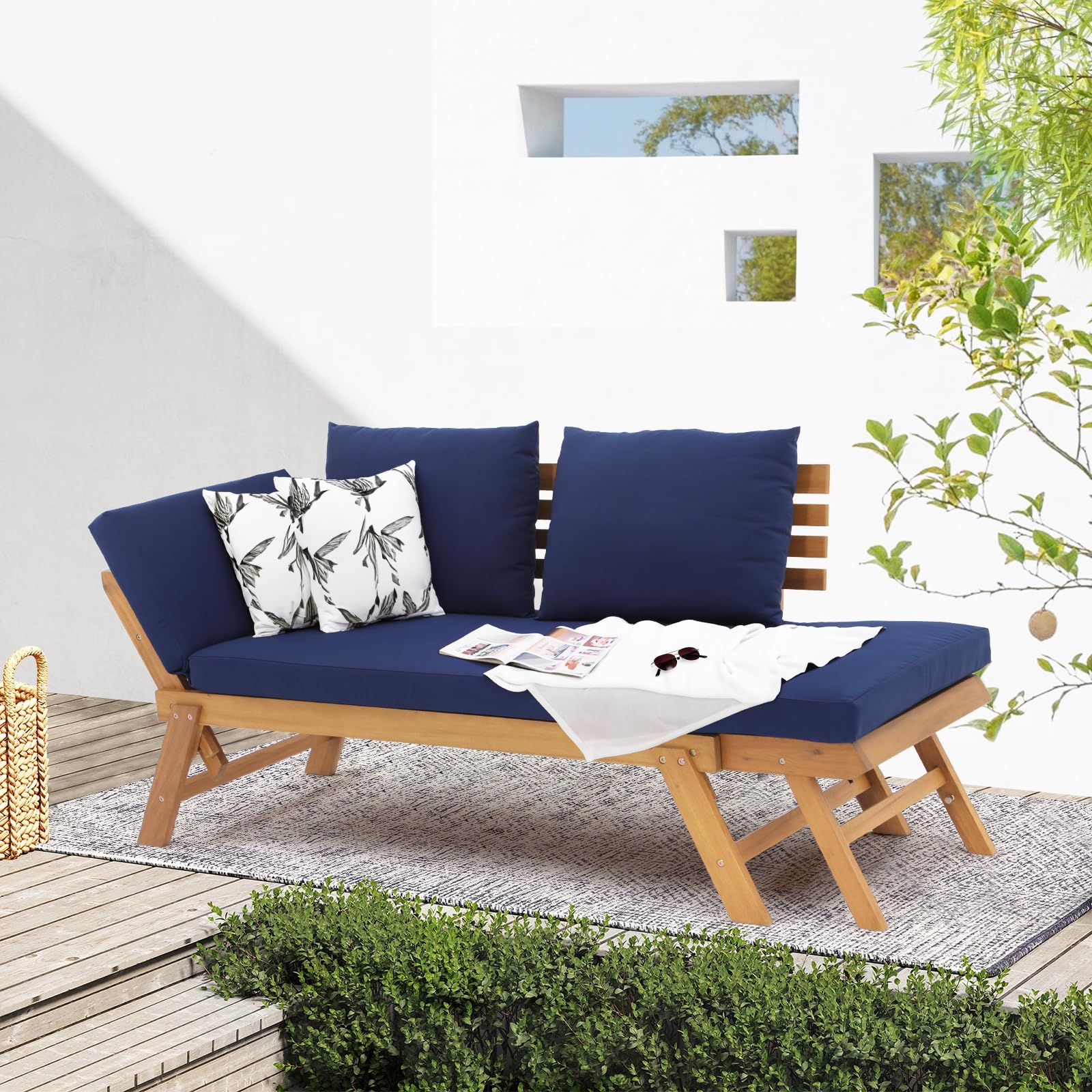 Outdoor Convertible Sofa Daybed, FSC Acacia Wood Patio Couch with Thick Cushion & Pillows 