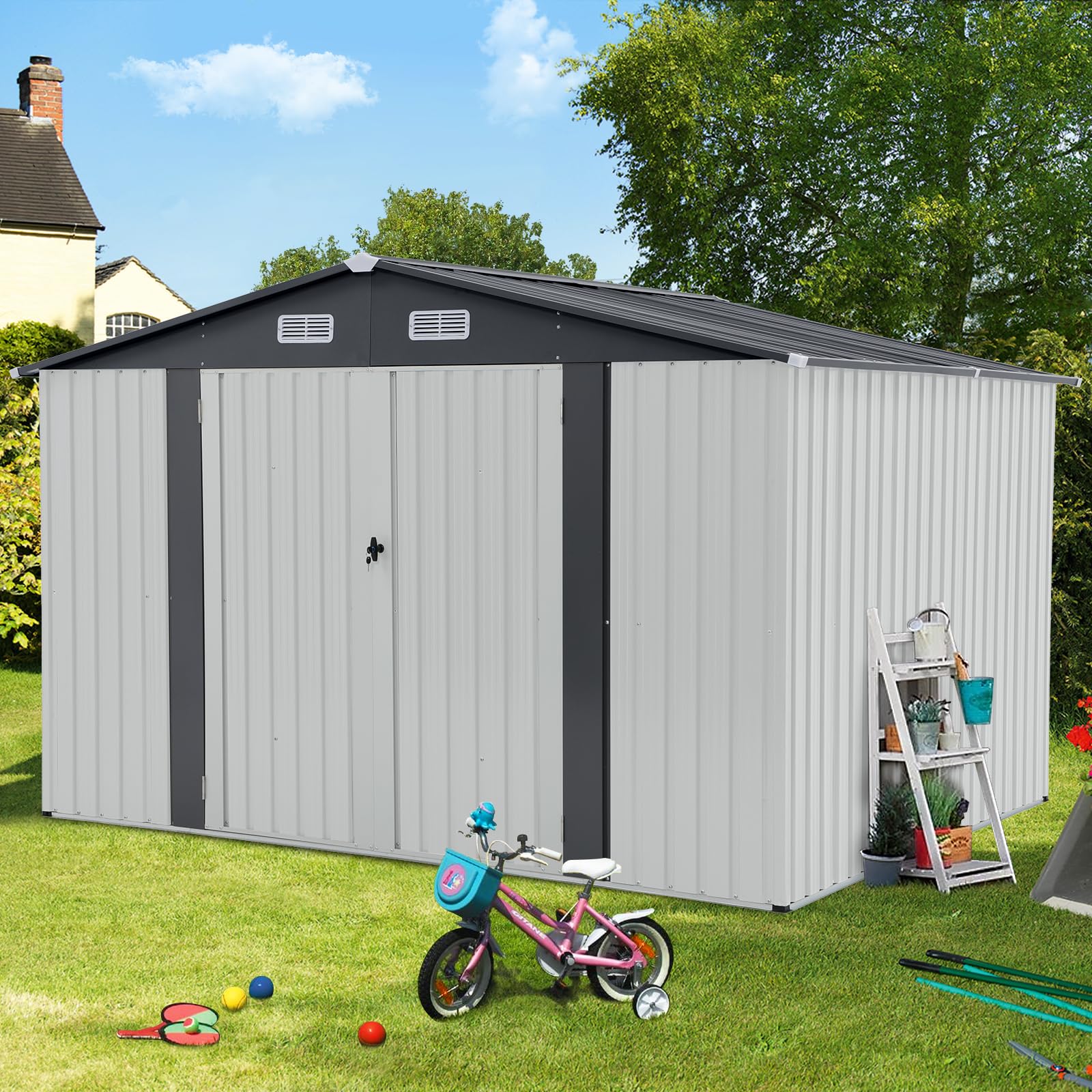 10' x 8' Outdoor Storage Shed, Metal Garden Tool Shed with Lockable Door
