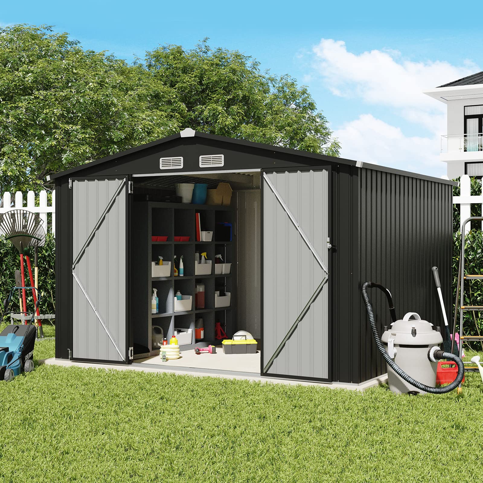 10' x 8' Outdoor Storage Shed, Metal Garden Tool Shed with Lockable Door