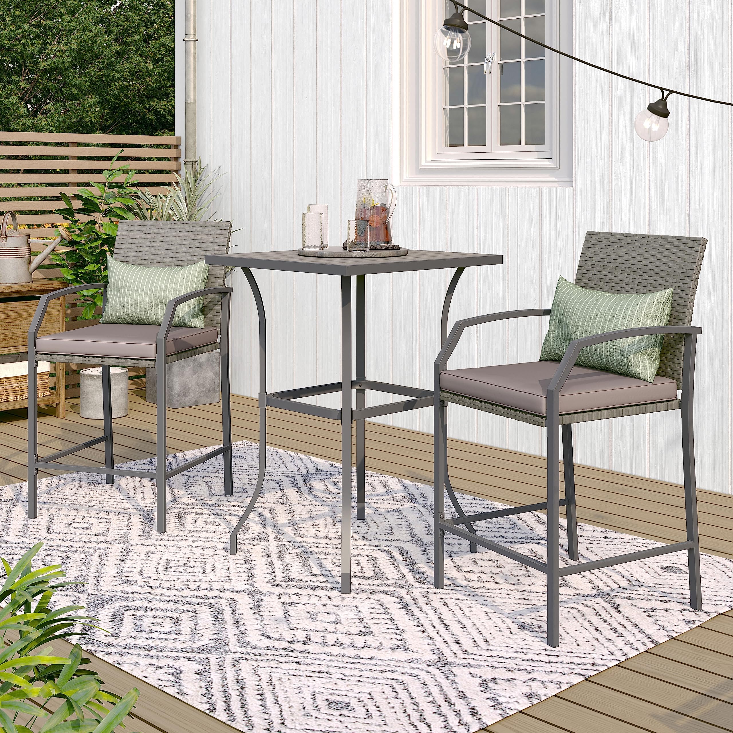 3pcs Outdoor Bar Height Bistro Set Square Coffee Table & Two Wicker Bar Stools