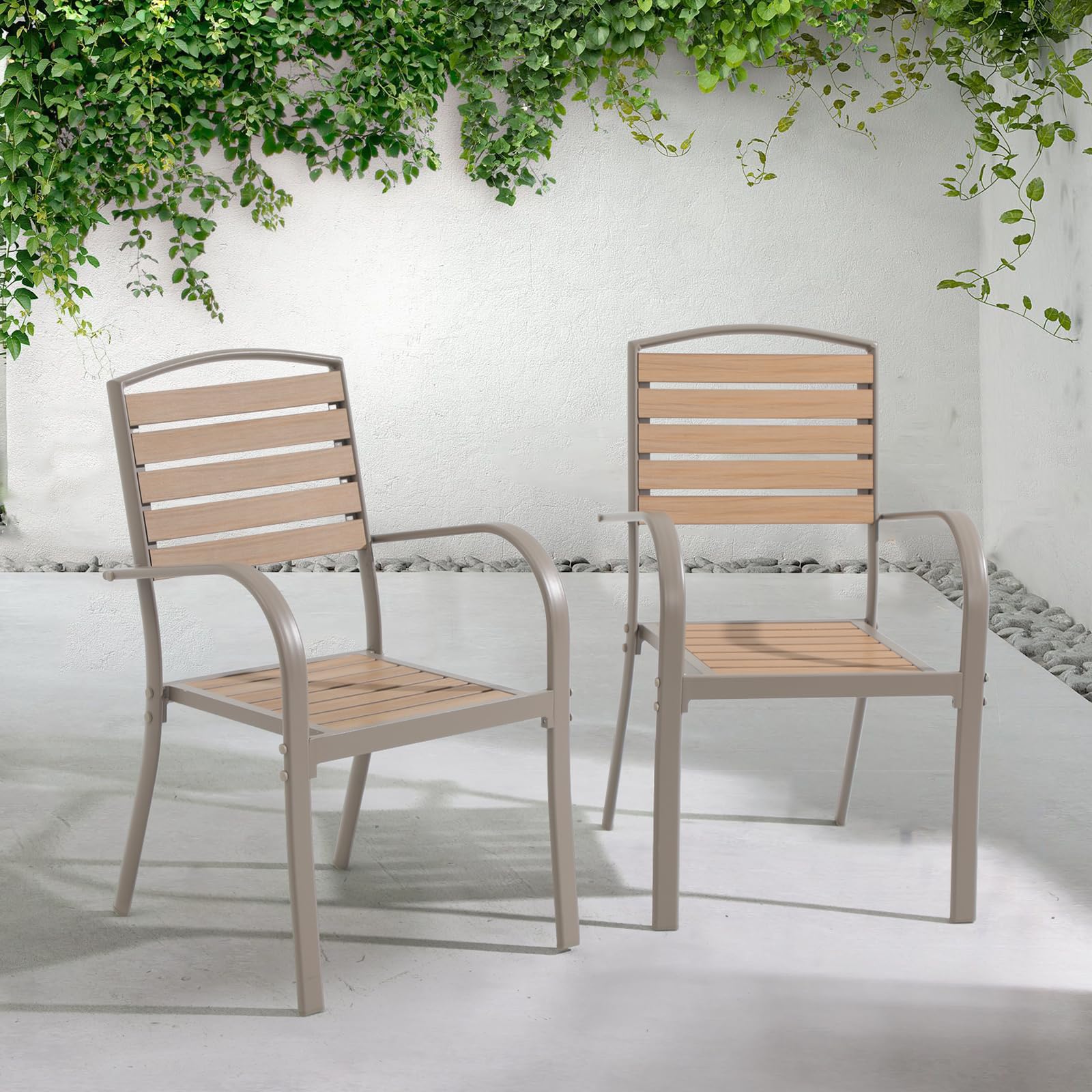 2-6pcs Stackable Patio Chairs, Aluminum Outdoor Dining Chairs, Faux Wood Slat Seat Dining Chair 