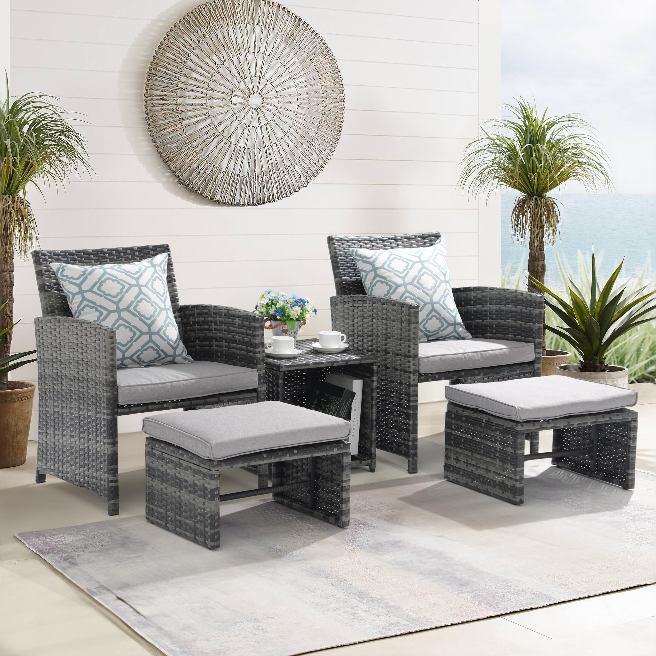 5pcs Wicker Patio Chair with Pull Out Ottomans & Storage Side Table, 3 Colors
