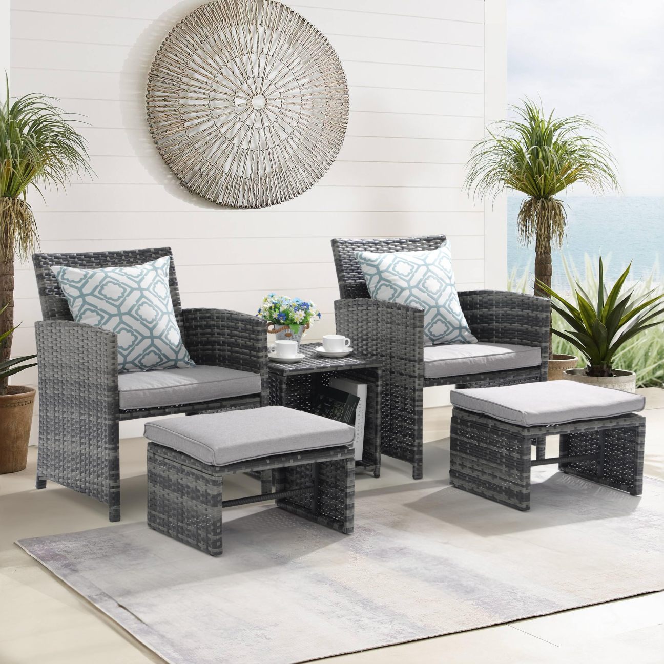 5pcs Wicker Patio Conversation Set with Ottomans & Storage Side Table