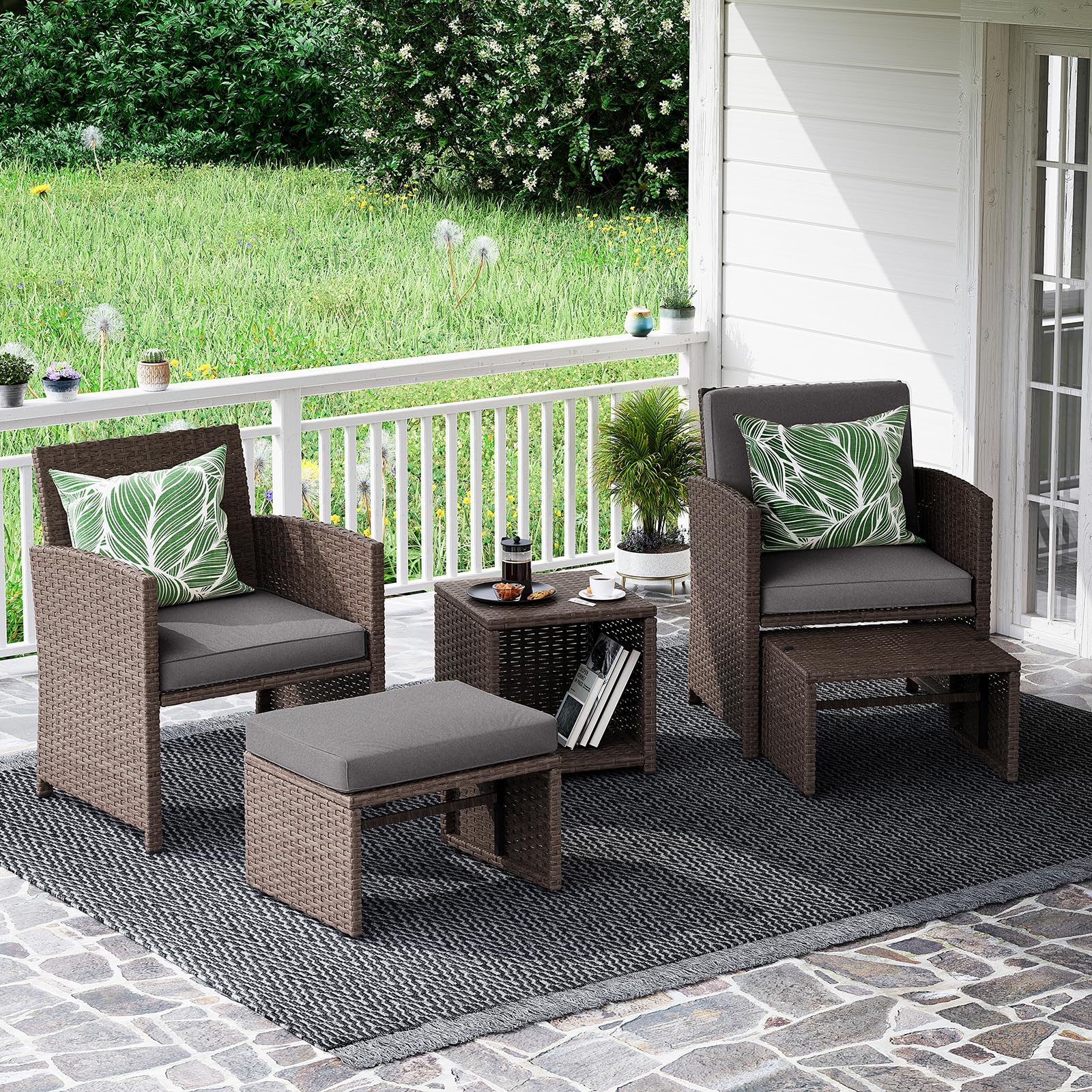 5pcs Brown Wicker Patio Bistro Set, with Pull Out Ottomans & Storage Side Table, 3 Cushion Colors