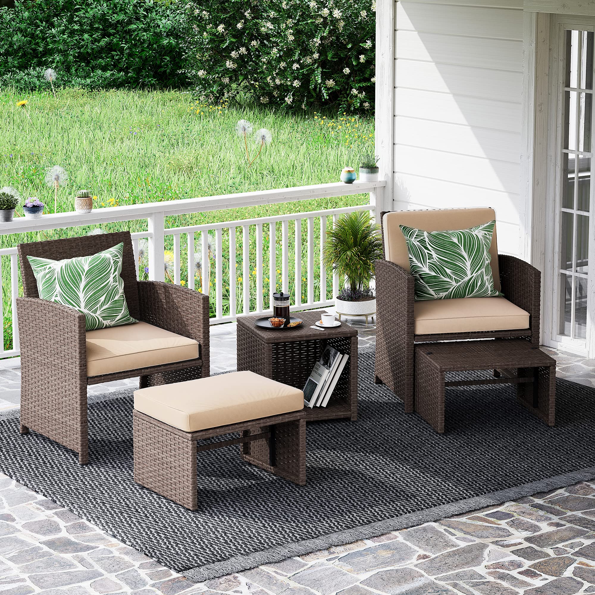 5pcs Brown Wicker Patio Bistro Set, with Pull Out Ottomans & Storage Side Table, 3 Cushion Colors