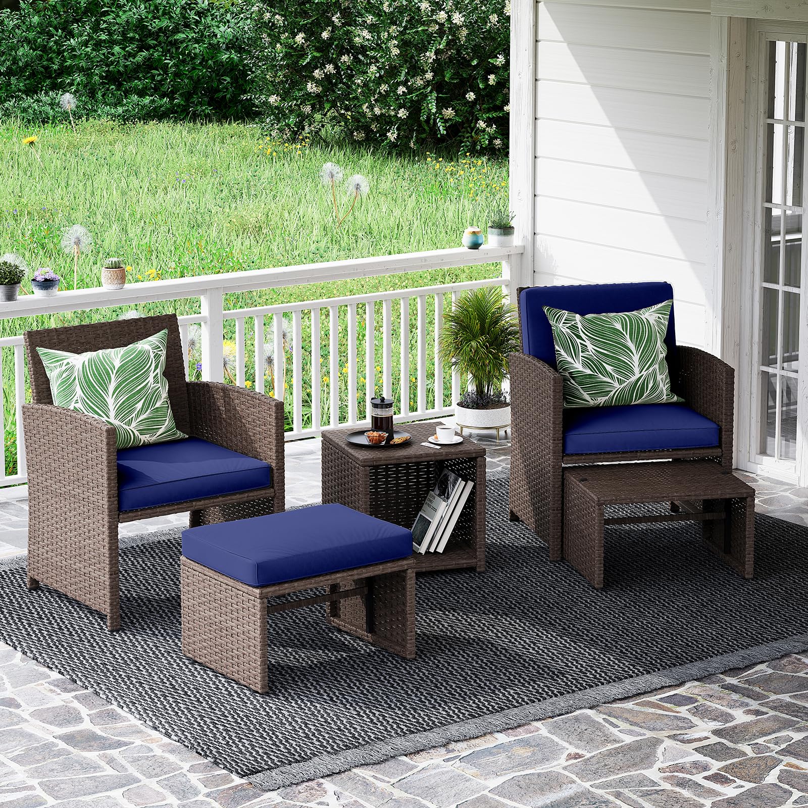5pcs Brown Wicker Patio Bistro Set, with Pull Out Ottomans & Storage Side Table, 3 Cushion Colors