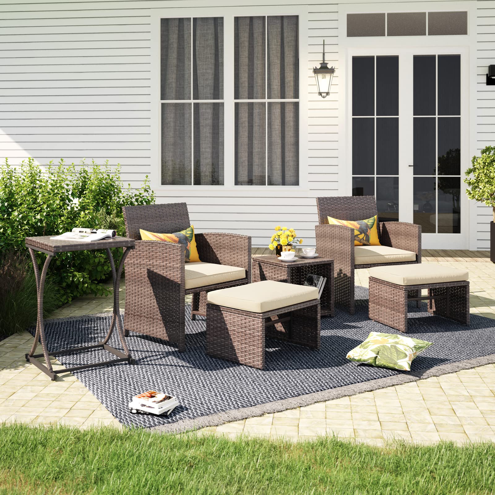 6pcs Brown Wicker Outdoor Conversation Set, Patio Chairs with Ottomans & 2 Side Tables,3 Cushion colors