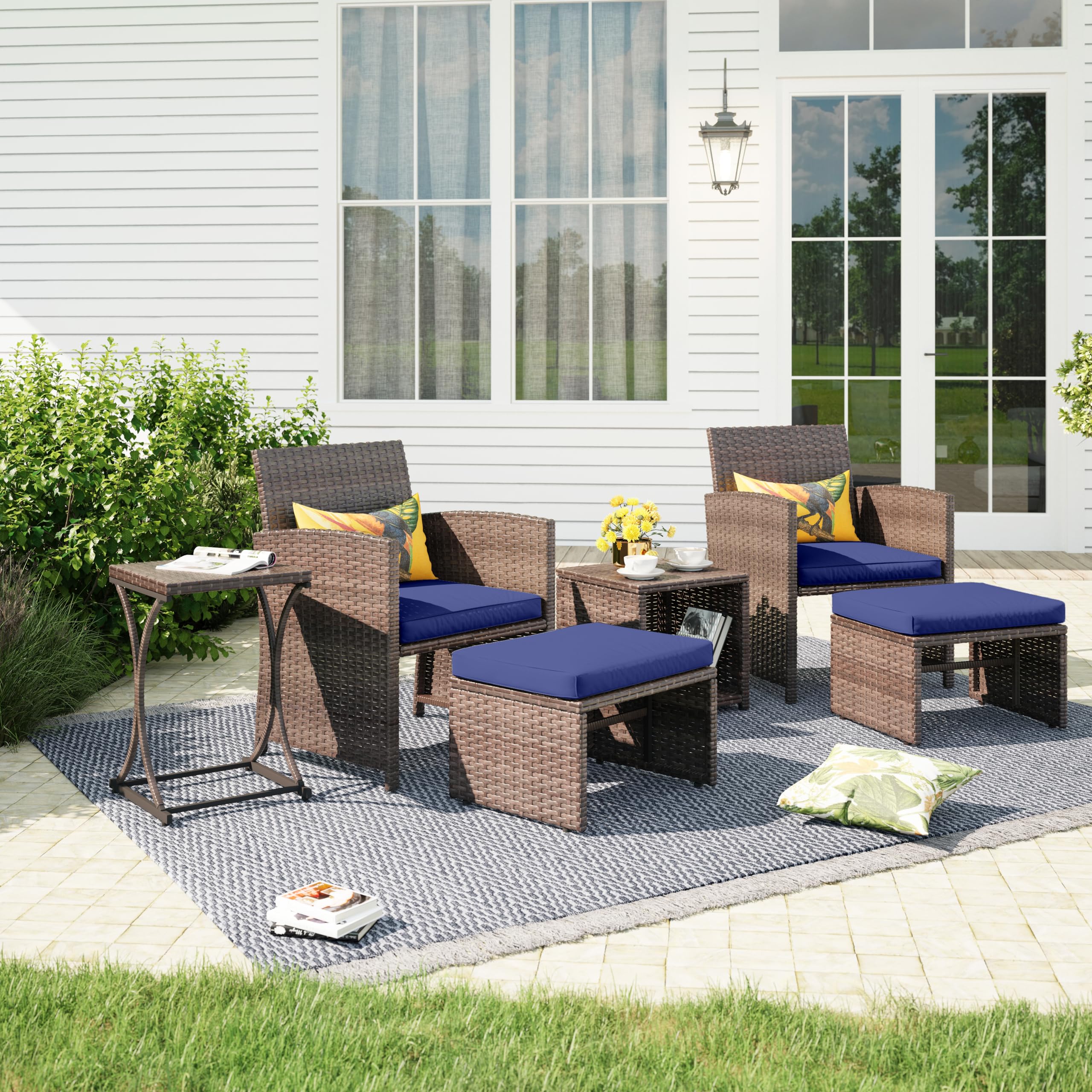 6pcs Brown Wicker Outdoor Conversation Set, Patio Chairs with Ottomans & 2 Side Tables,3 Cushion colors