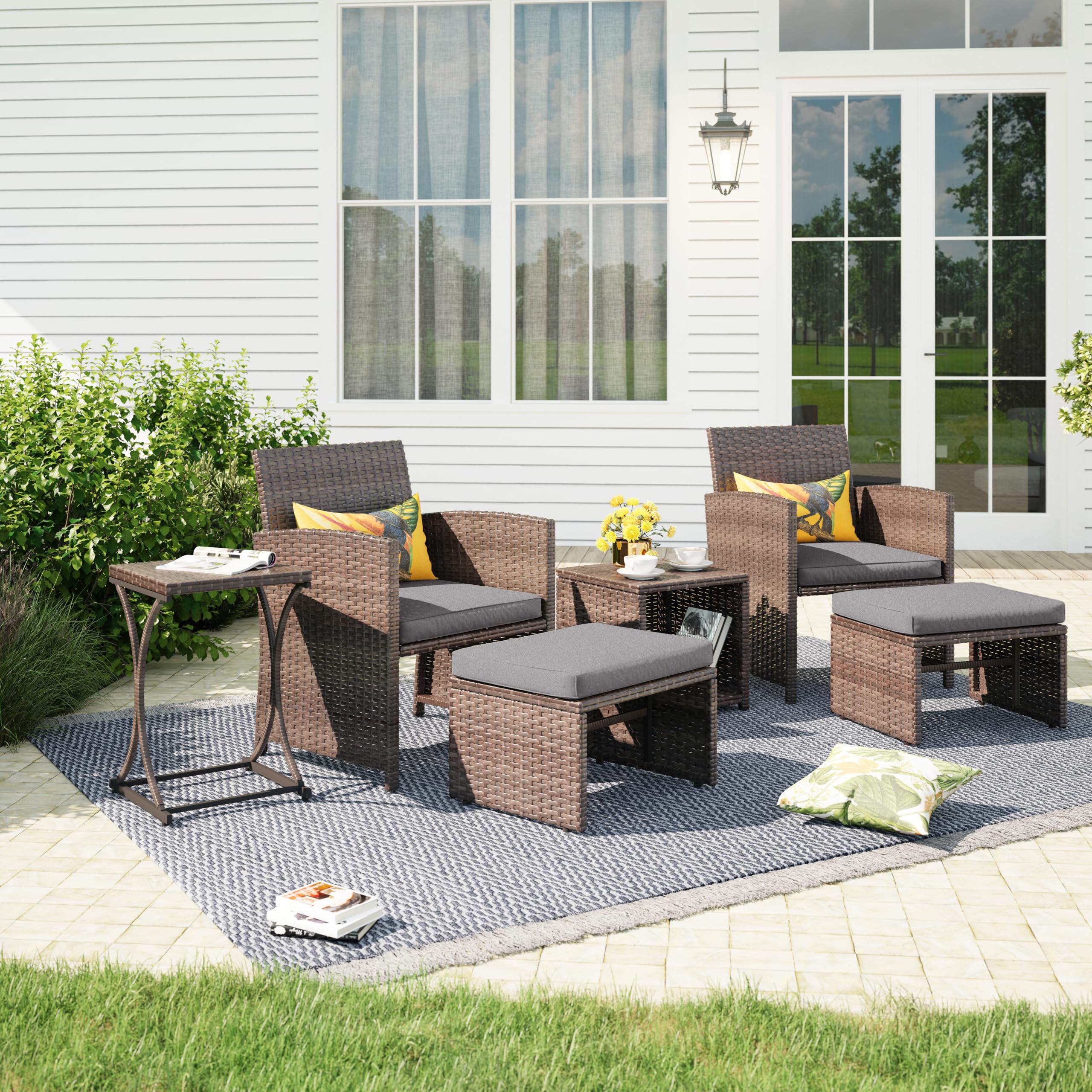 6pcs Brown Wicker Outdoor Conversation Set, Patio Chairs with Ottomans & 2 Side Tables,3 Cushion colors