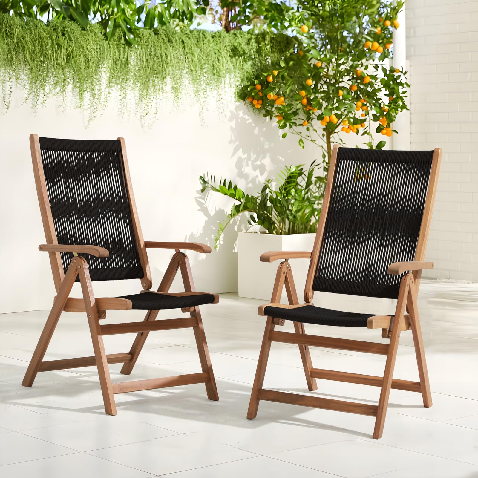 2pcs Folding Patio Dining Chairs, Outdoor Acacia Wooden Rope Reclining Chair w/Armrest, FSC Certified Wood,