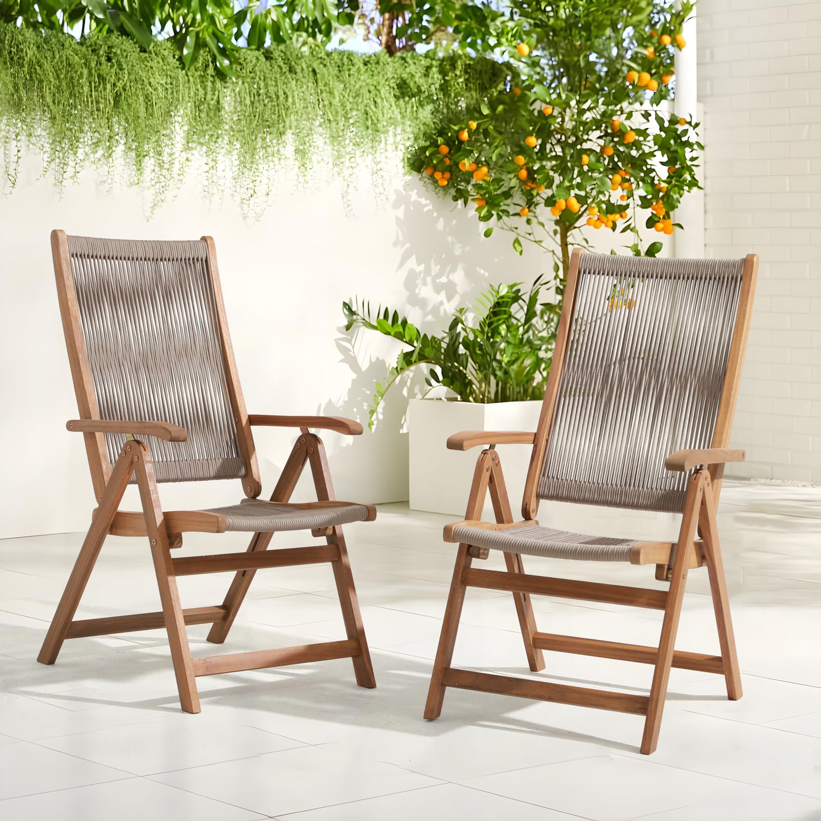 2pcs Folding Patio Dining Chairs, Outdoor Acacia Wooden Rope Reclining Chair w/Armrest, FSC Certified Wood,