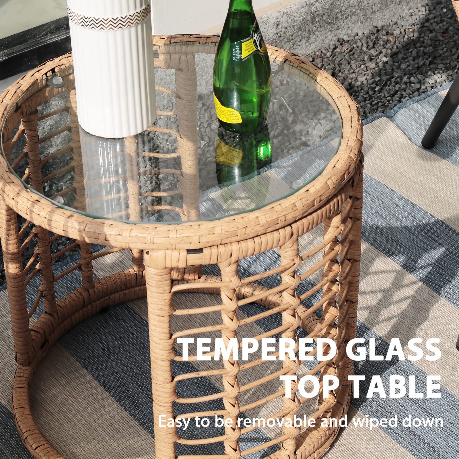 3 Piece Outdoor Wicker Furniture Bistro Set, Patio Rattan Conversation Set with Round Glass Top Coffee Side Table