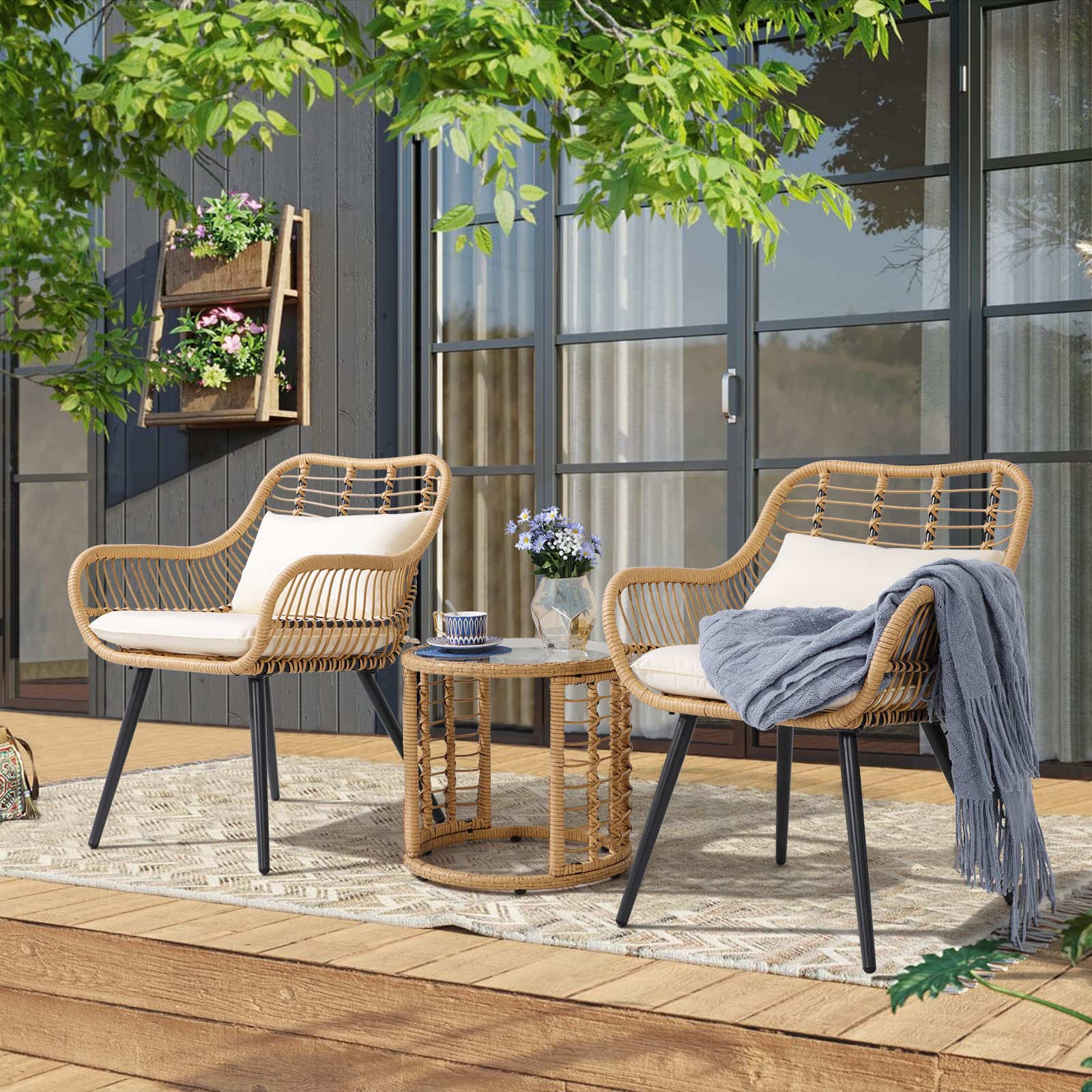 3 Piece Outdoor Wicker Furniture Bistro Set, Patio Rattan Conversation Set with Round Glass Top Coffee Side Table