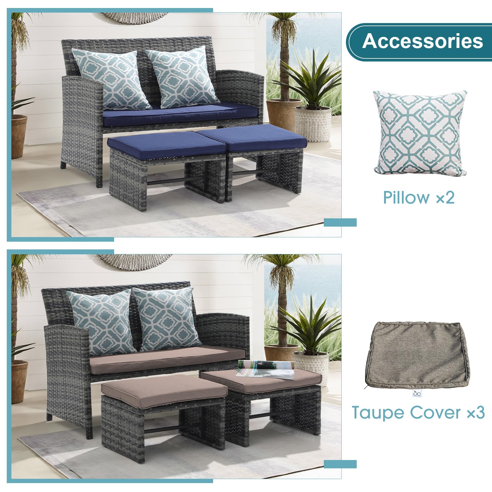 3pcs Small All Weather Wicker Outdoor Loveseat with Ottomans