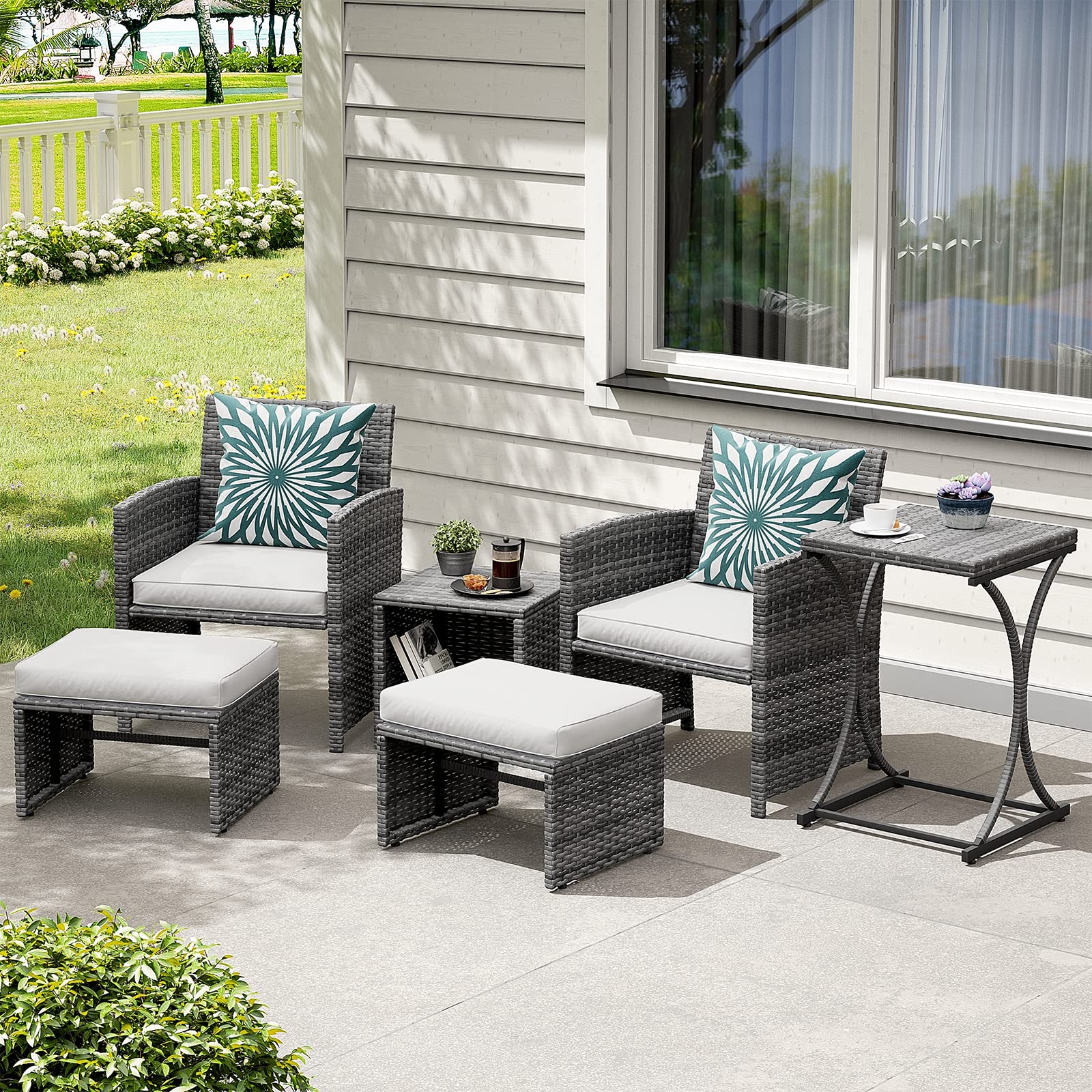 6pcs Wicker Patio Bistro Set Outdoor Conversation Set Patio Chairs with Ottomans & 2 Side Tables