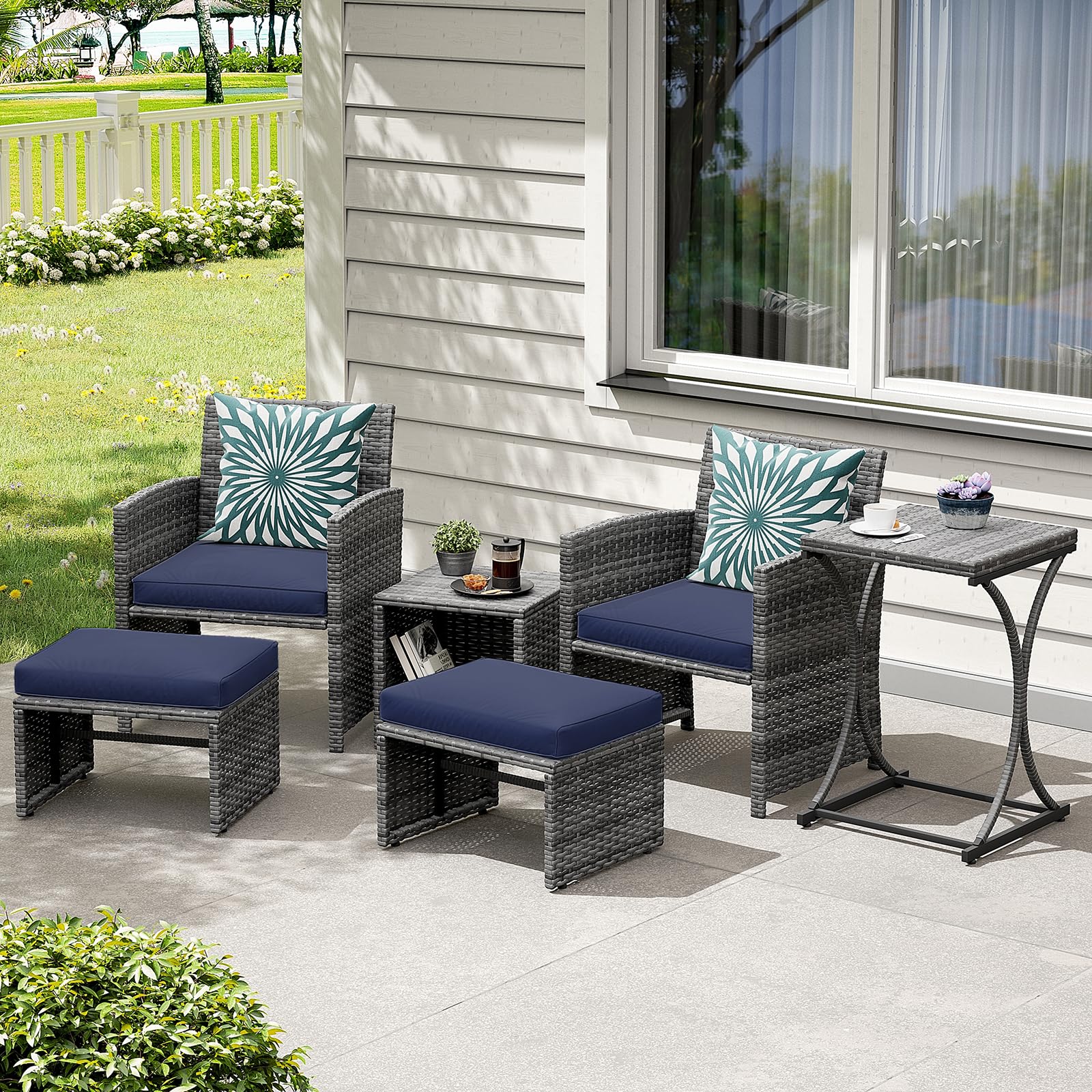 6pcs Wicker Patio Bistro Set Outdoor Conversation Set Patio Chairs with Ottomans & 2 Side Tables