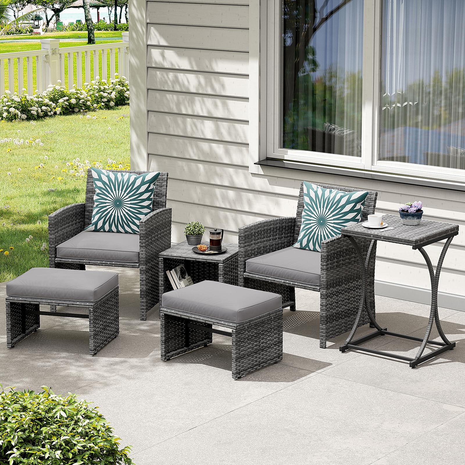 6pcs Wicker Patio Bistro Set Outdoor Conversation Set Patio Chairs with Ottomans & 2 Side Tables