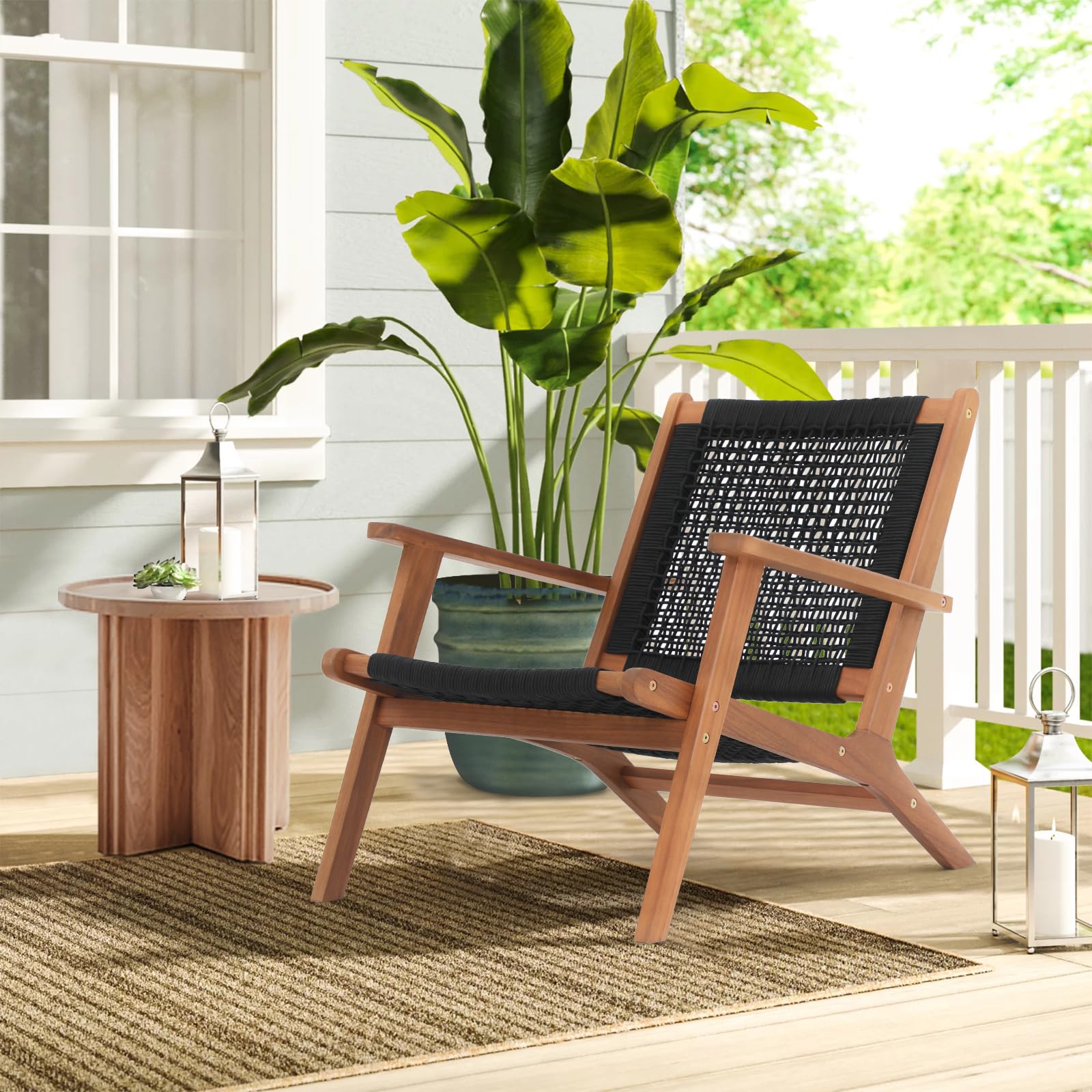 Wood Patio Lounge Chairs, Modern Acacia Wood Accent Armchair with Handwoven Rope, Set of 2