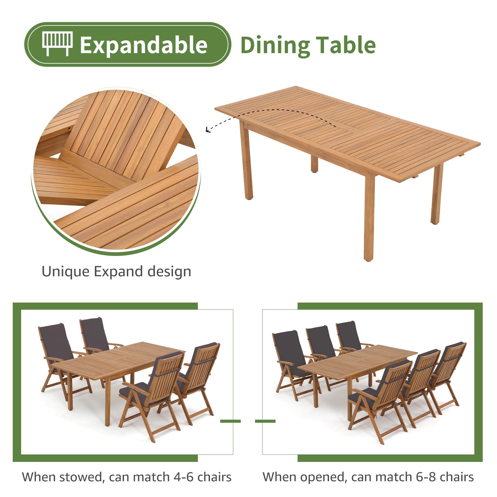 7 pcs Outdoor FSC Certified Acacia Wood Dining Set, 6 Foldable Reclining Chair and Extendable Dining Table