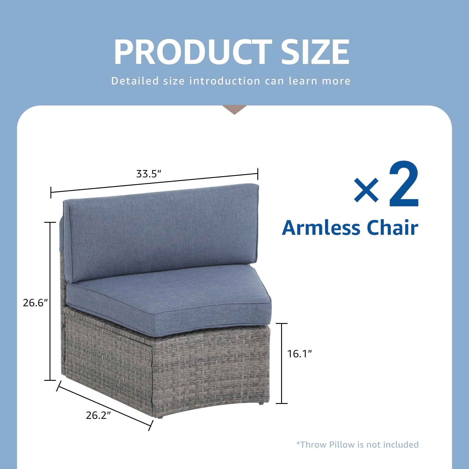 2 pcs Half Moon Armless Sofa Wicker Outdoor Curved Sofa, Brown/Grey