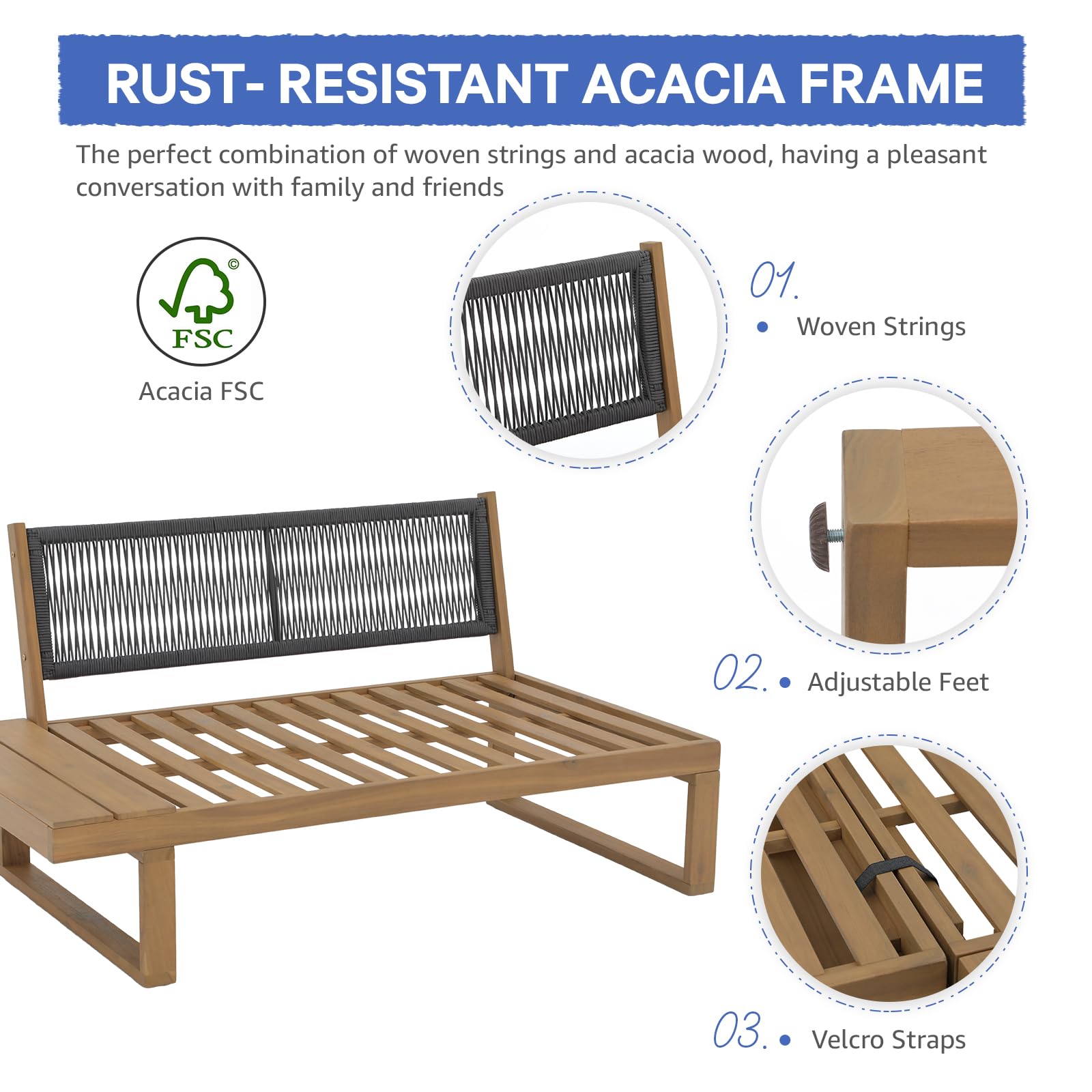 6 Seats Teak Outdoor Sectional Set L-Shaped Patio Seating Set with Cushions, 2 Colors