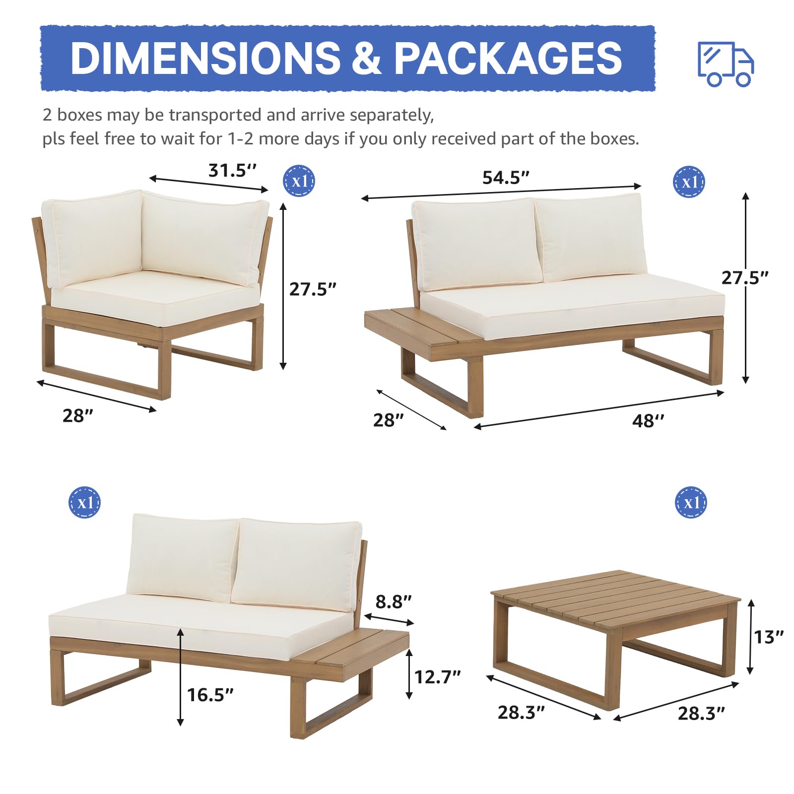 6 Seats Teak Outdoor Sectional Set L-Shaped Patio Seating Set with Cushions, 2 Colors