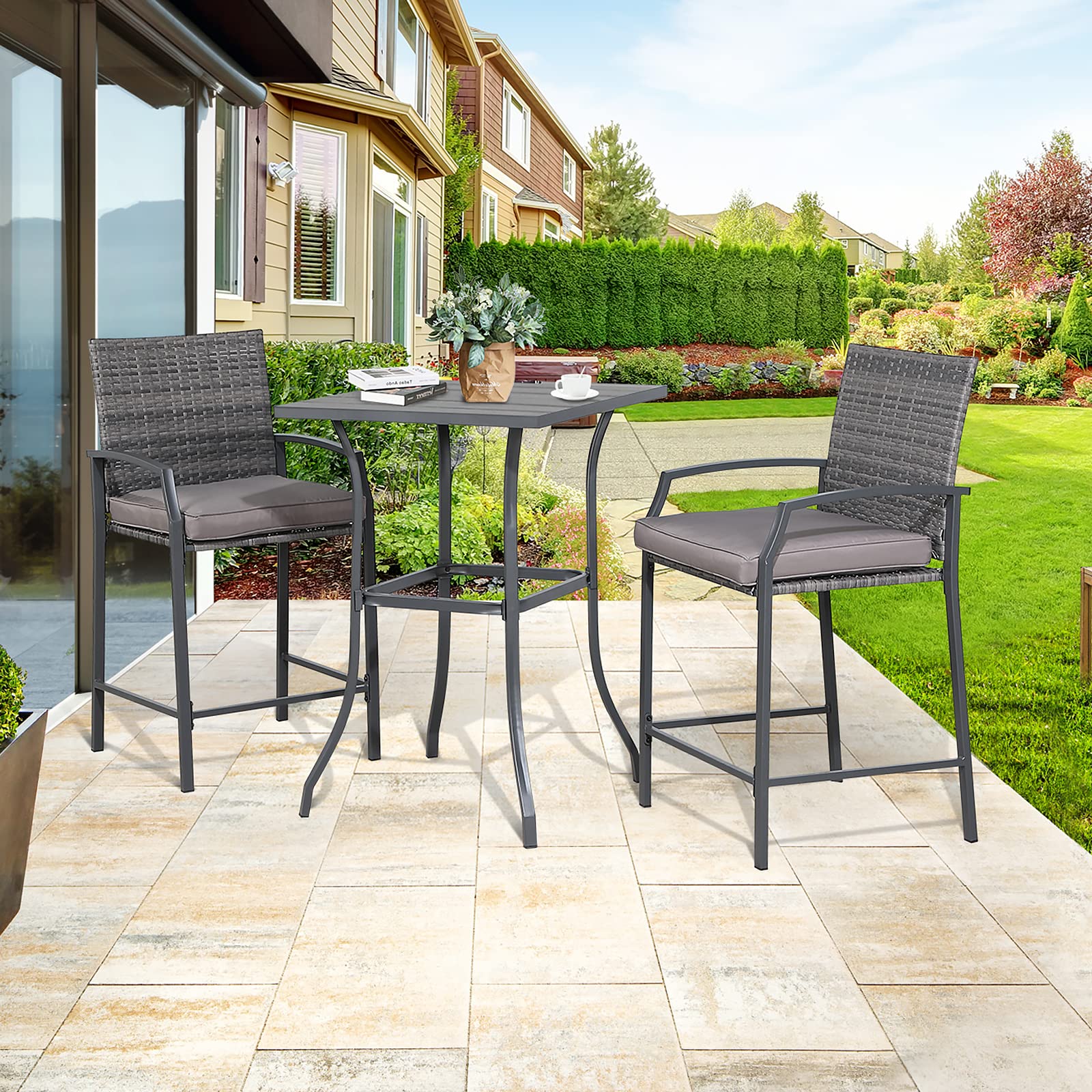 3pcs Outdoor Bar Height Bistro Set Square Coffee Table & Two Wicker Bar Stools