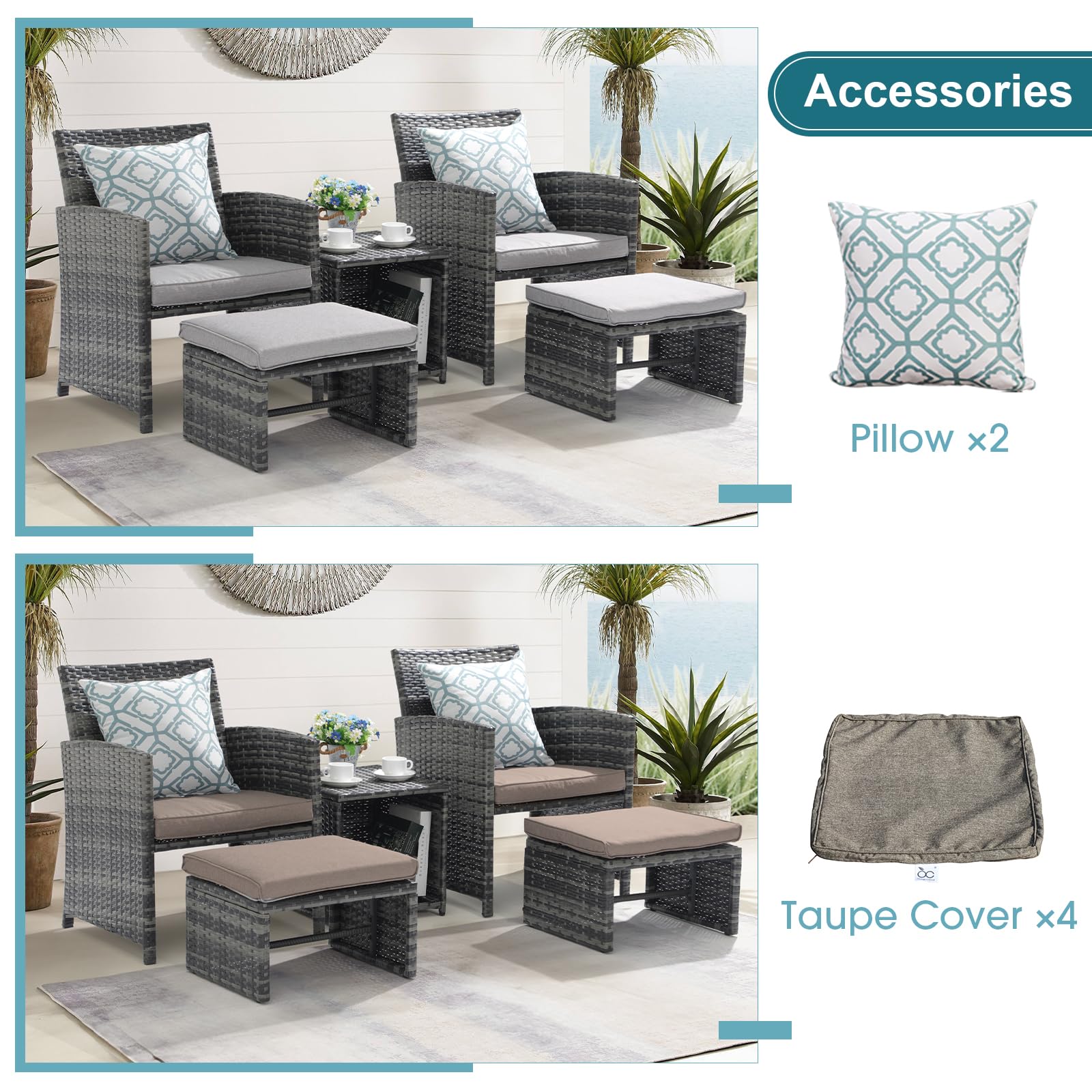 5pcs Wicker Patio Chair with Pull Out Ottomans & Storage Side Table, 3 Colors