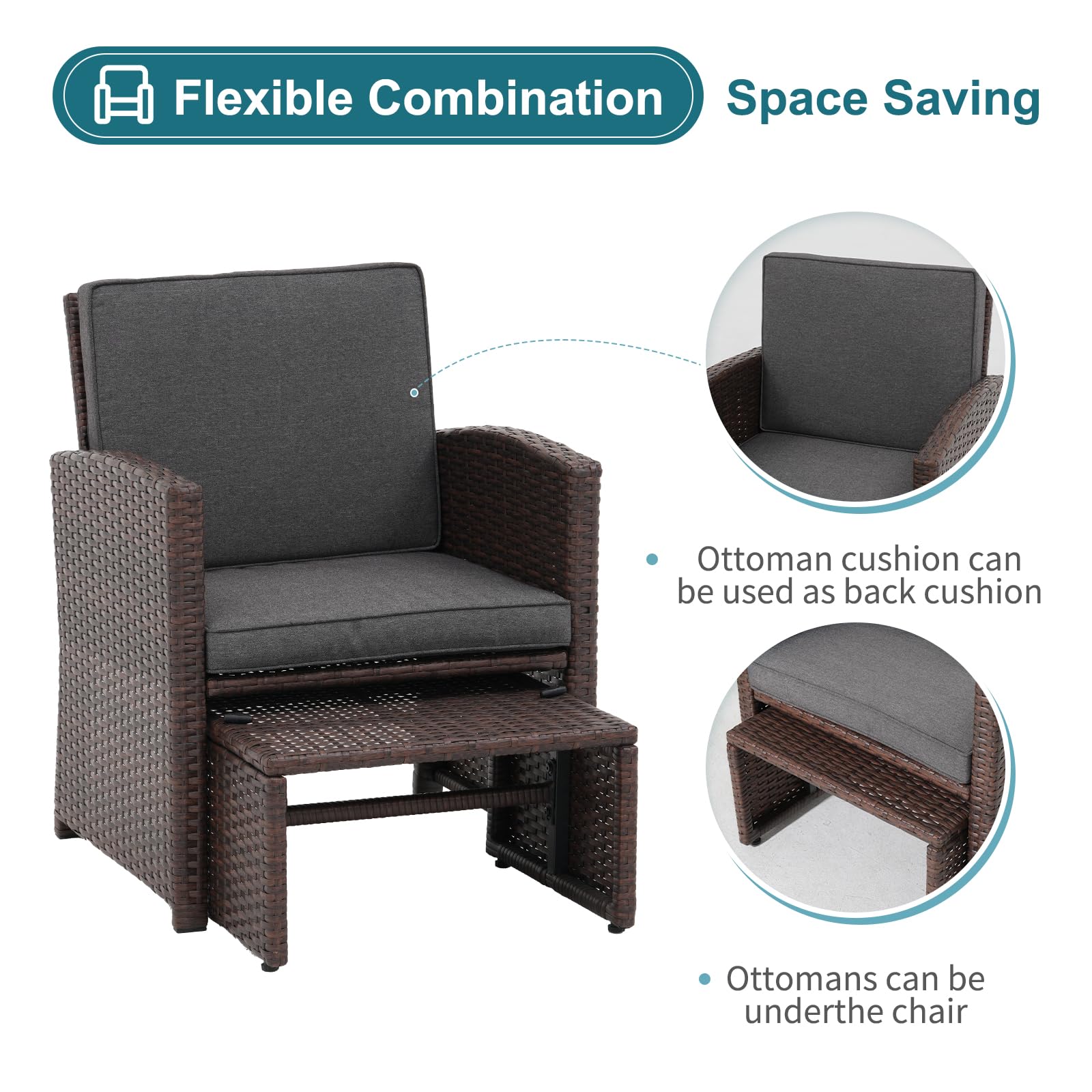 5pcs Brown Wicker Patio Bistro Set, with Pull Out Ottomans & Storage Side Table, 3 Cushion Colors