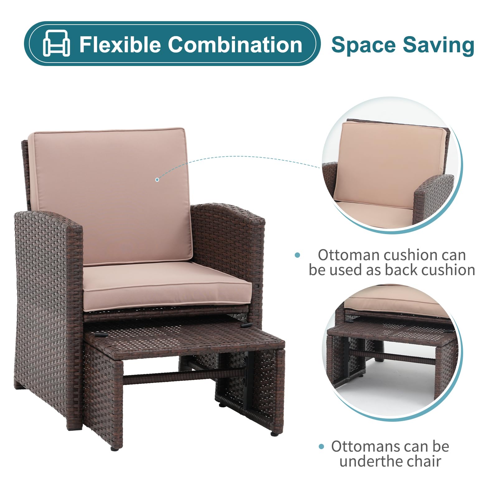 5pcs Brown Wicker Patio Bistro Set, with Pull Out Ottomans & Storage Side Table, 3 Cushion Colors