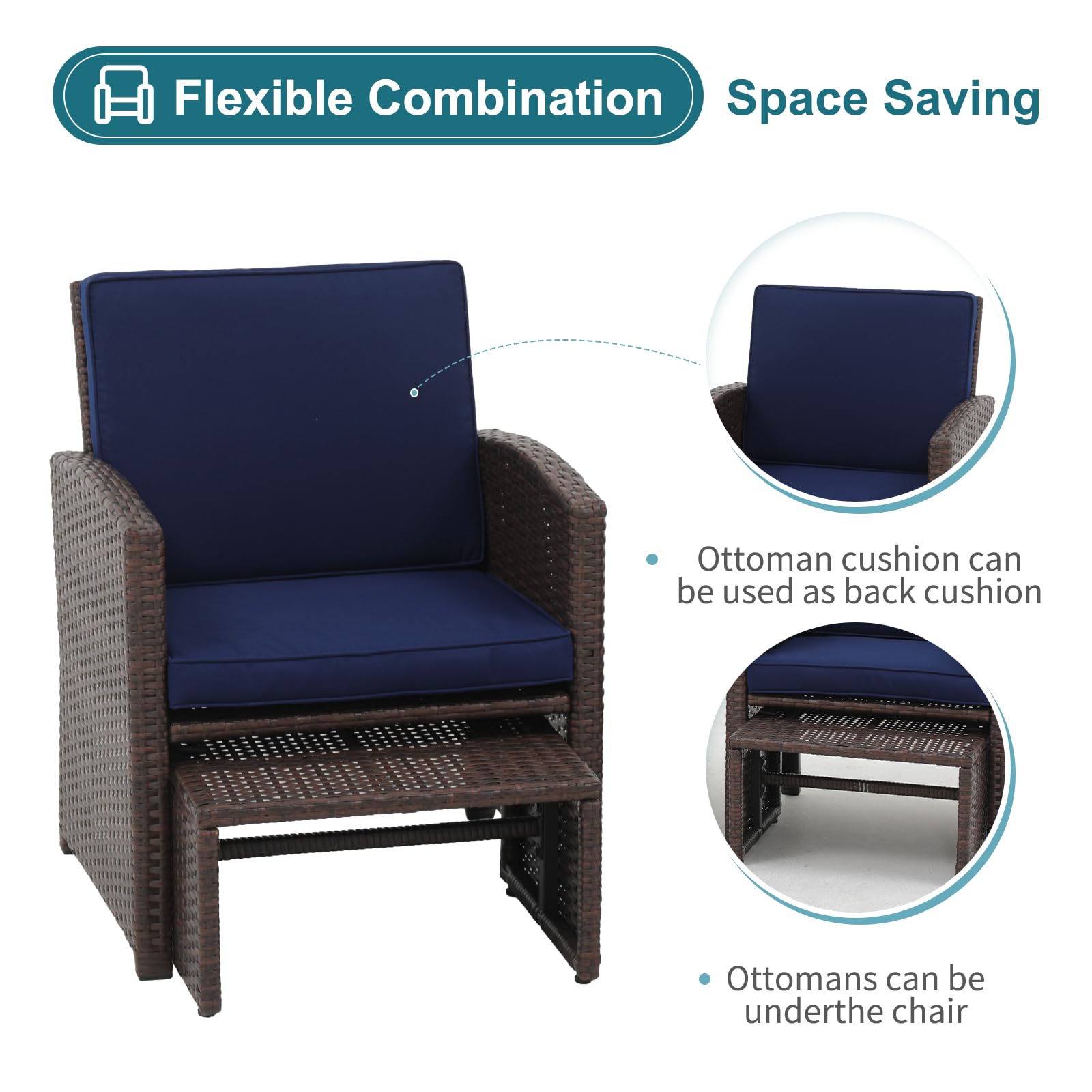 5pcs Brown Wicker Patio Bistro Set, with Pull Out Ottomans & Storage Side Table, 3 Cushion Colors