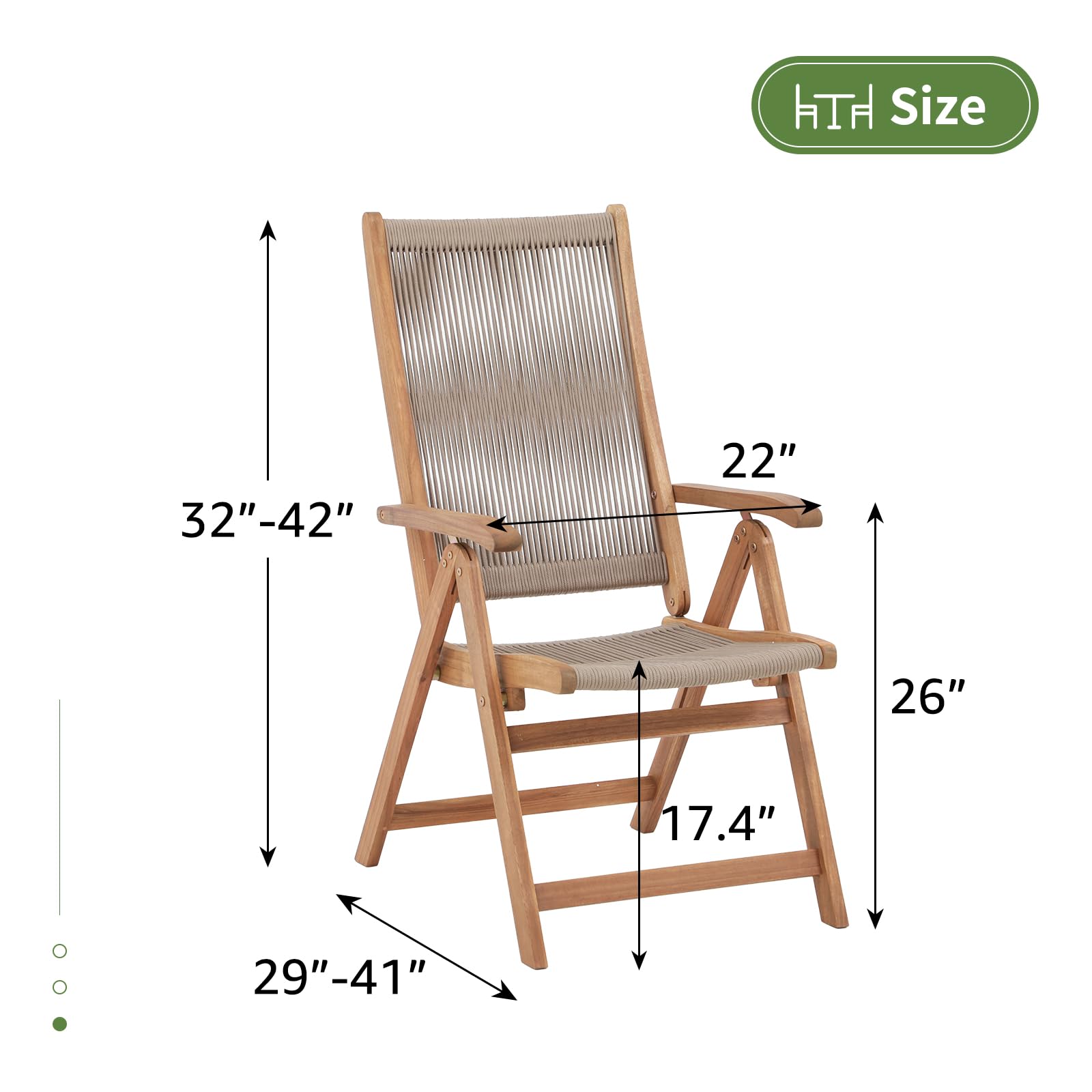 2pcs Folding Patio Dining Chairs, Outdoor Acacia Wooden Rope Reclining Chair w/Armrest, FSC Certified Wood,