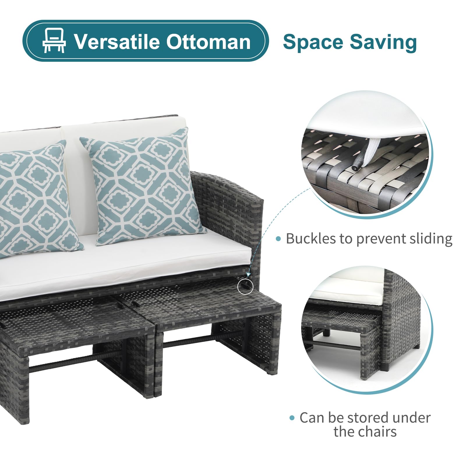 3pcs Small All Weather Wicker Outdoor Loveseat with Ottomans