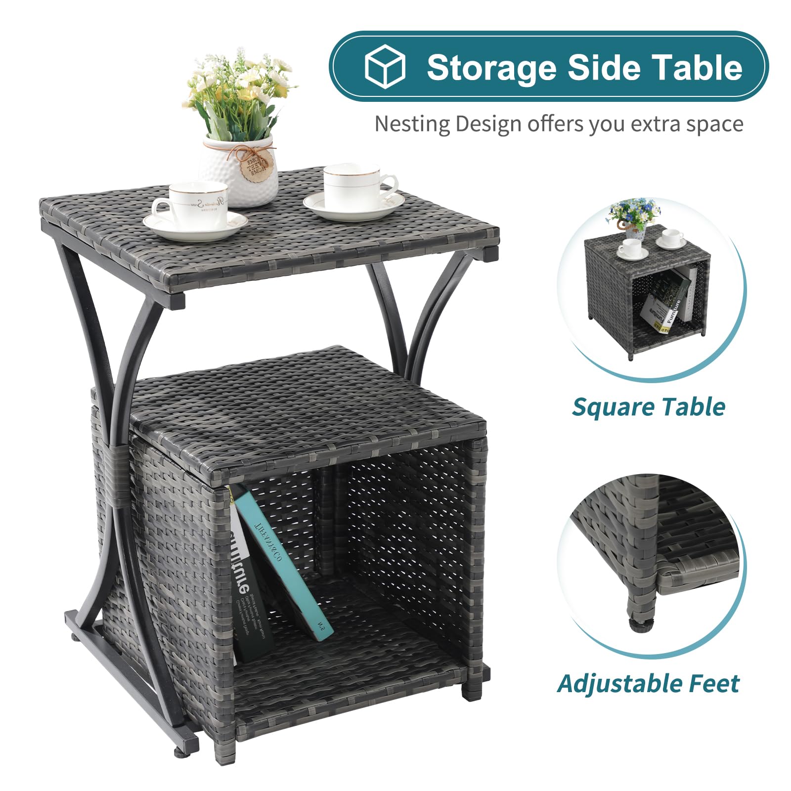 6pcs Wicker Patio Bistro Set Outdoor Conversation Set Patio Chairs with Ottomans & 2 Side Tables