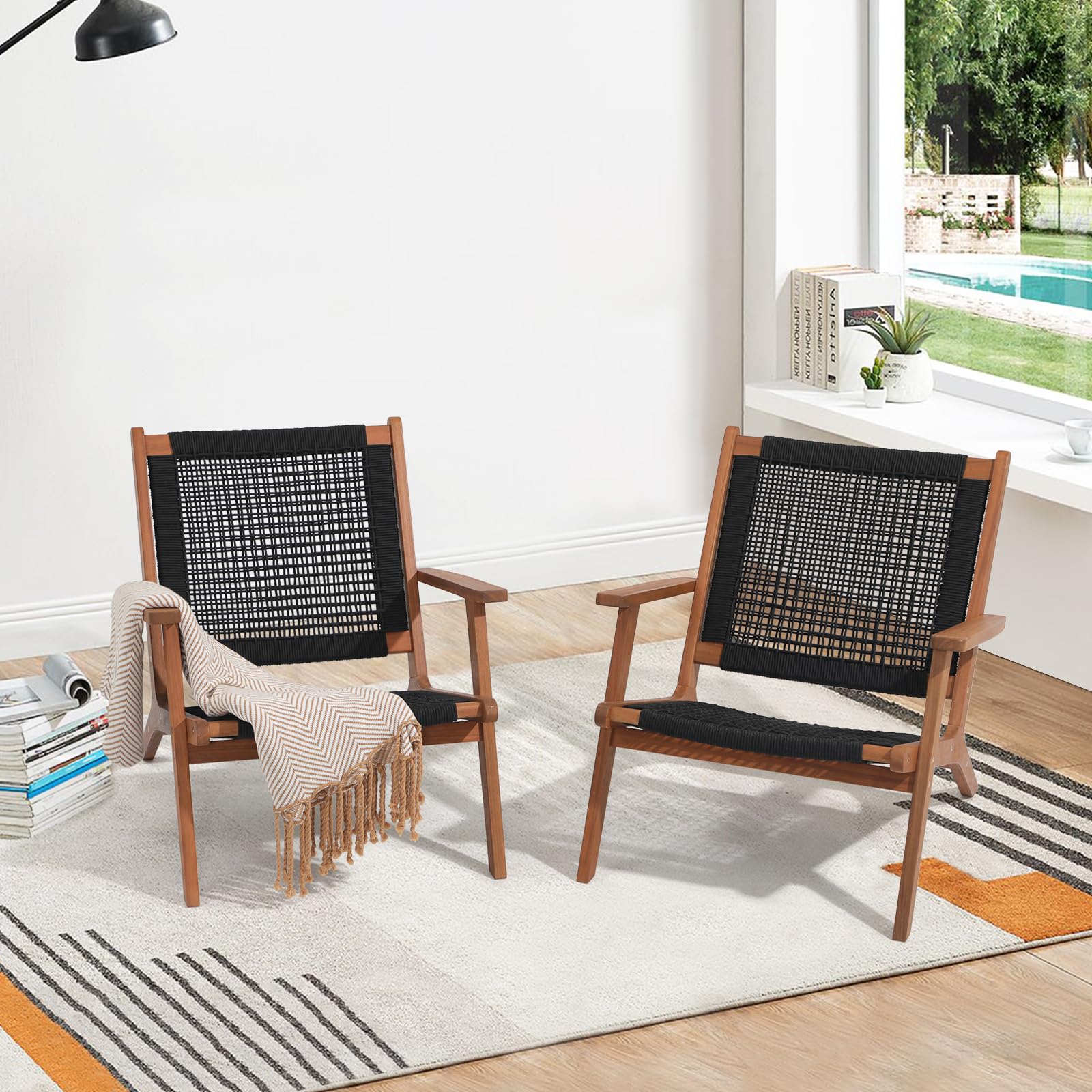 Wood Patio Lounge Chairs, Modern Acacia Wood Accent Armchair with Handwoven Rope, Set of 2