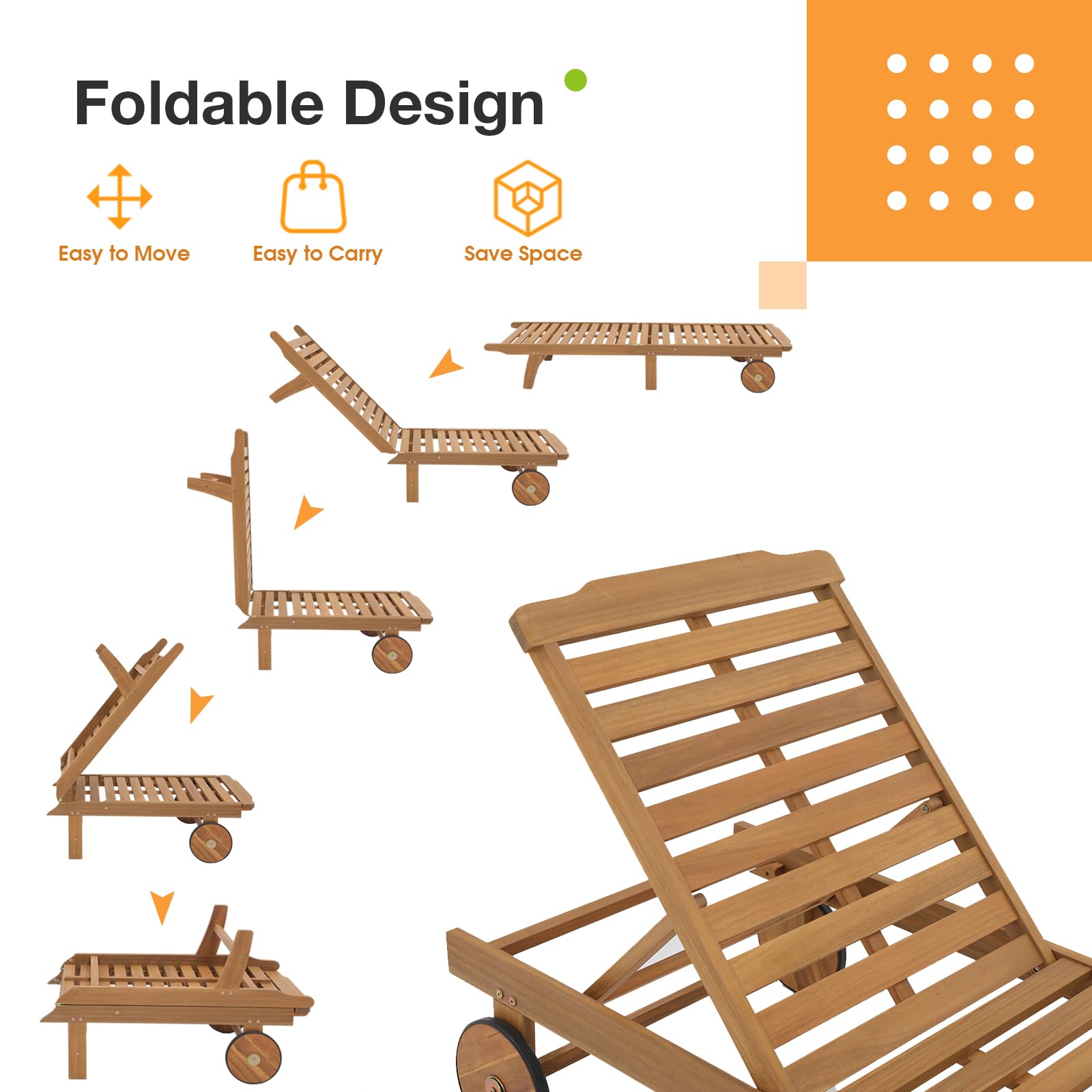 1-2 Pcs Folding Lounge Chair Acacia Wood Chaise Lounge, with Wheels, 2 Colors