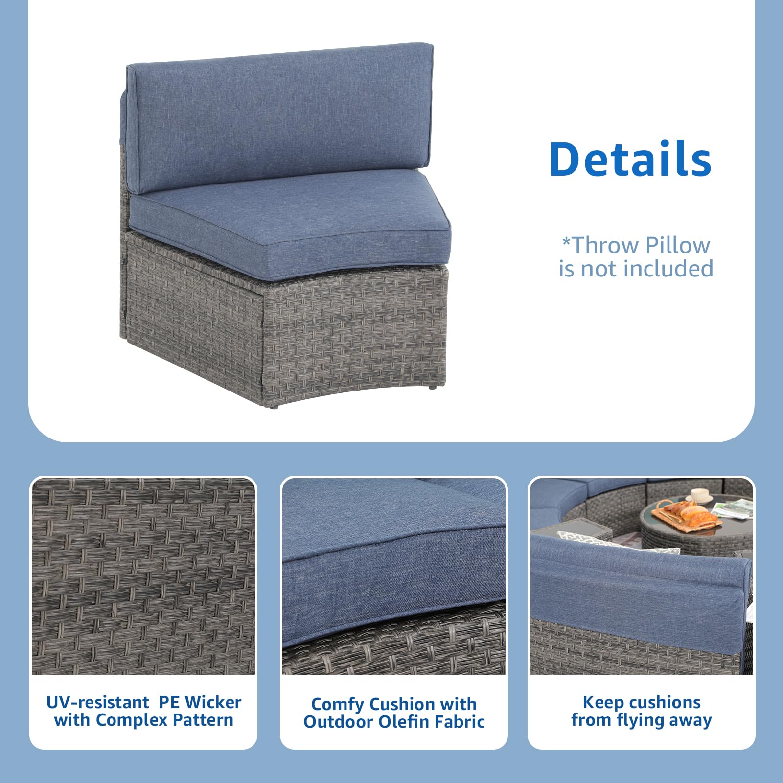 2 pcs Half Moon Armless Sofa Wicker Outdoor Curved Sofa, Brown/Grey