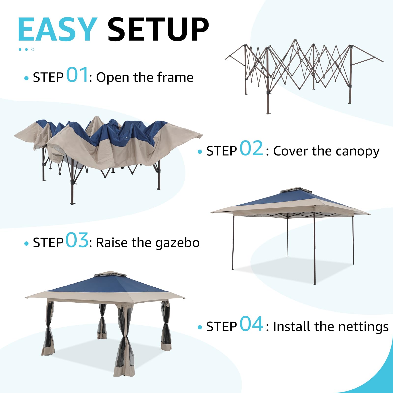 13’x13’ Pop Up Gazebo With Mosquito Netting Outdoor Canopy Tent Shade, Metal Frame