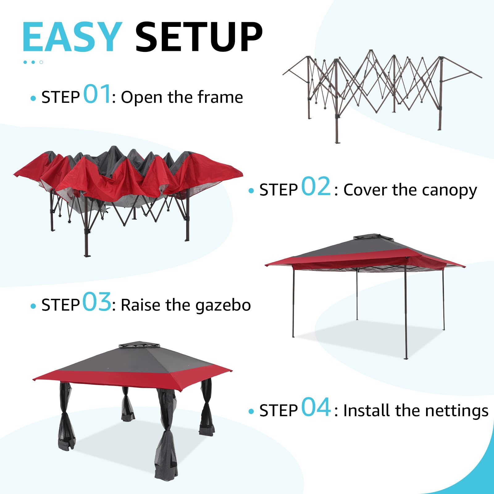 13’x13’ Pop Up Gazebo With Mosquito Netting Outdoor Canopy Tent Shade, Metal Frame