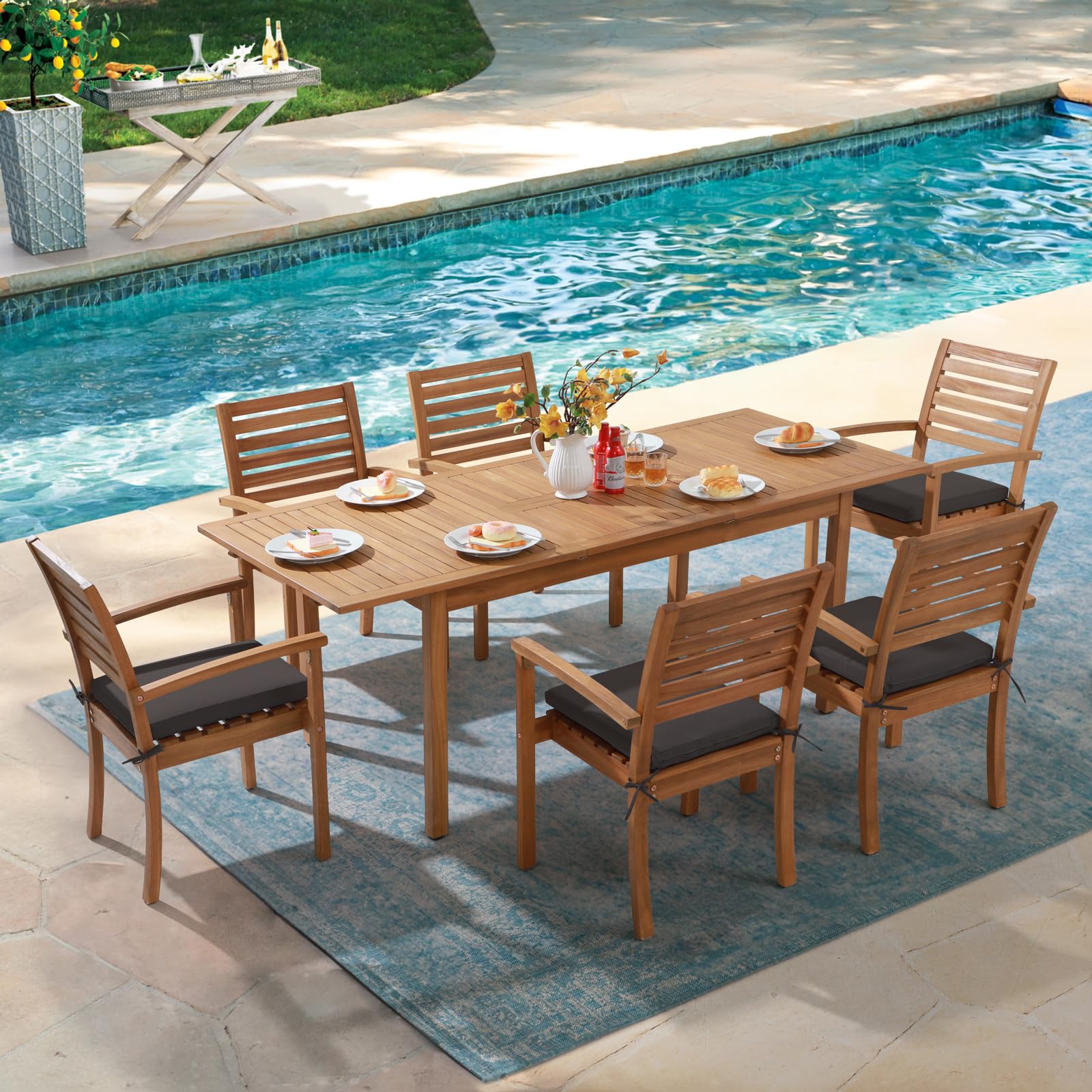 7 pcs Outdoor Wood Dining Set, Extendable Rectangular Table and 6 Stackable Chairs 