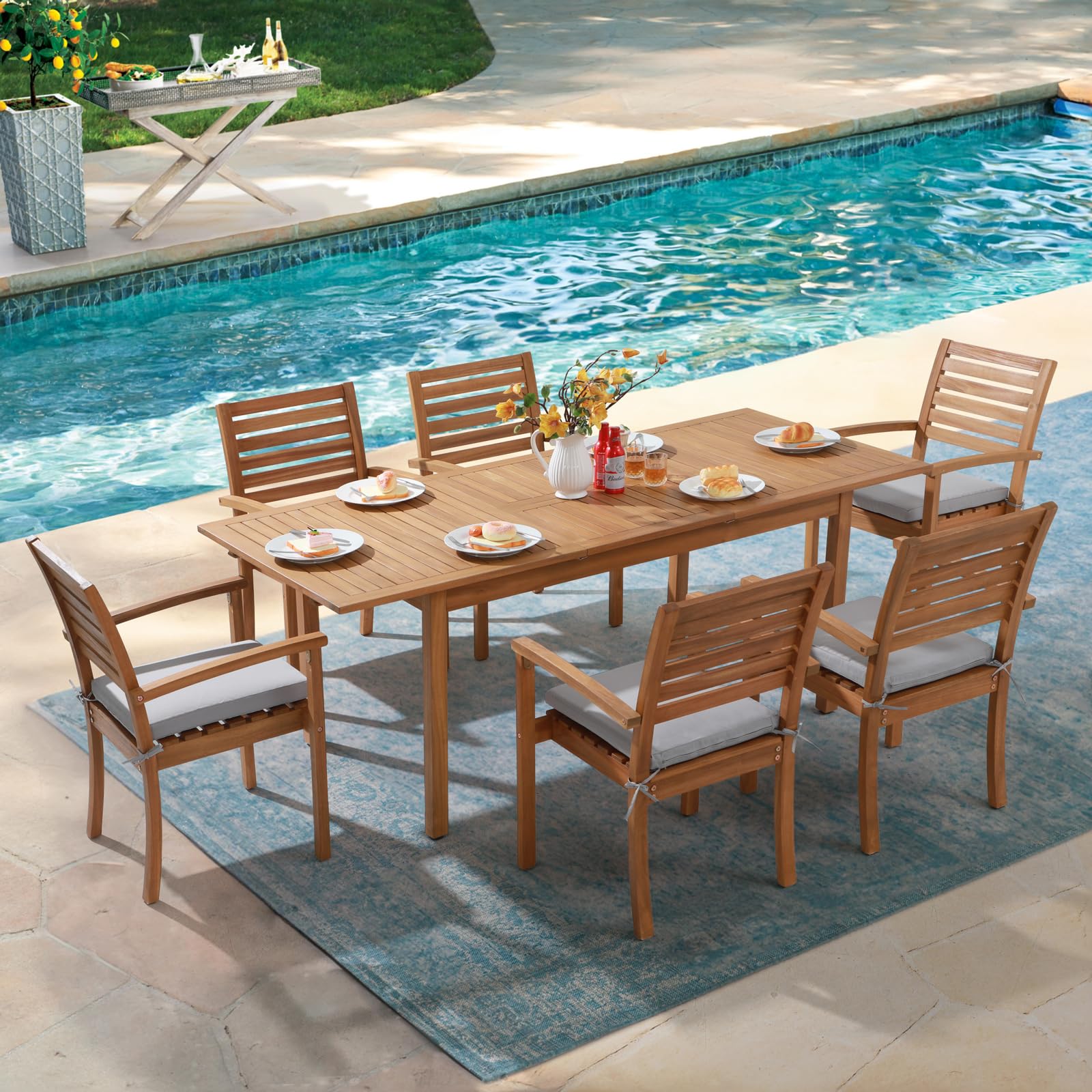 7 pcs Outdoor Wood Dining Set, Extendable Rectangular Table and 6 Stackable Chairs 