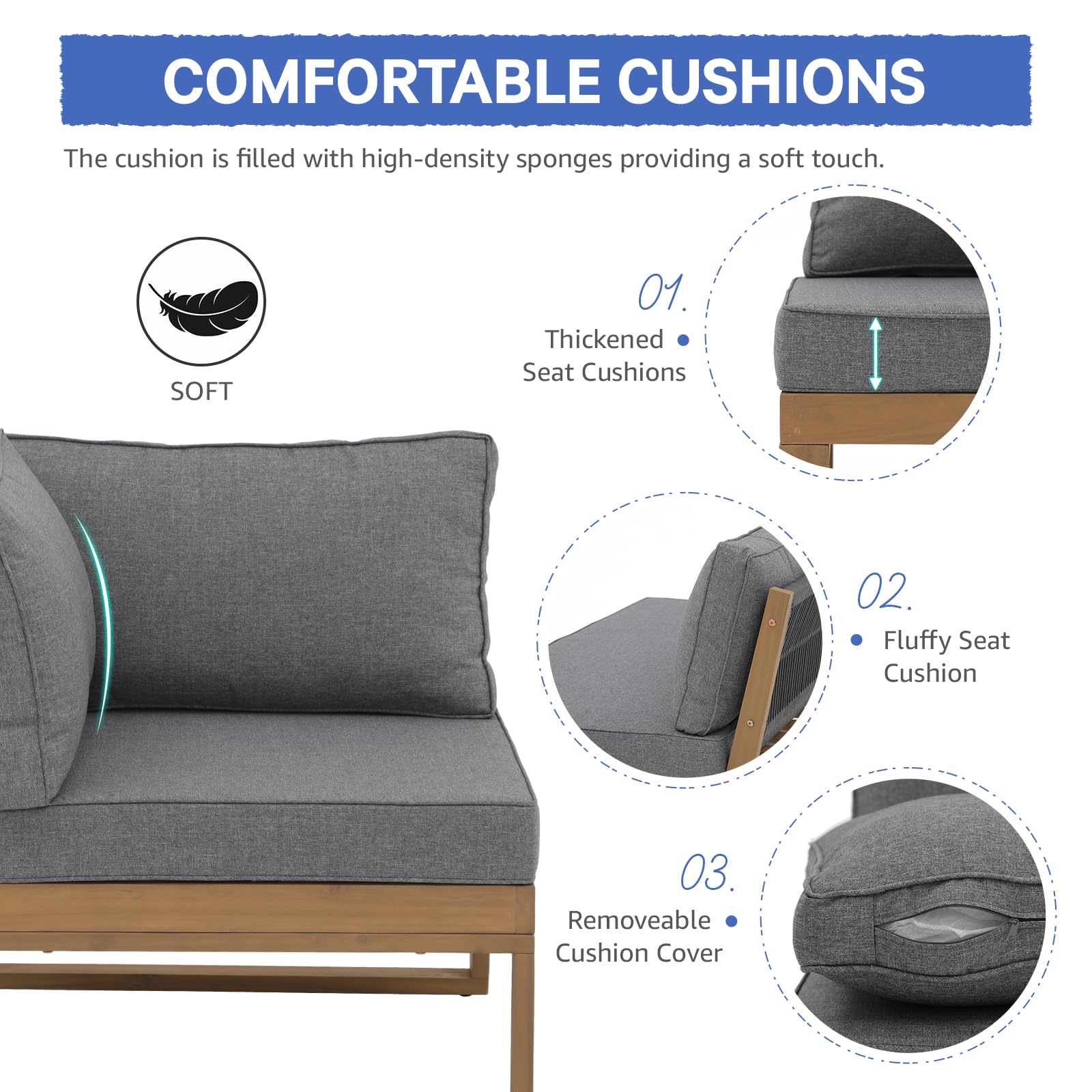 6 Seats Teak Outdoor Sectional Set L-Shaped Patio Seating Set with Cushions, 2 Colors