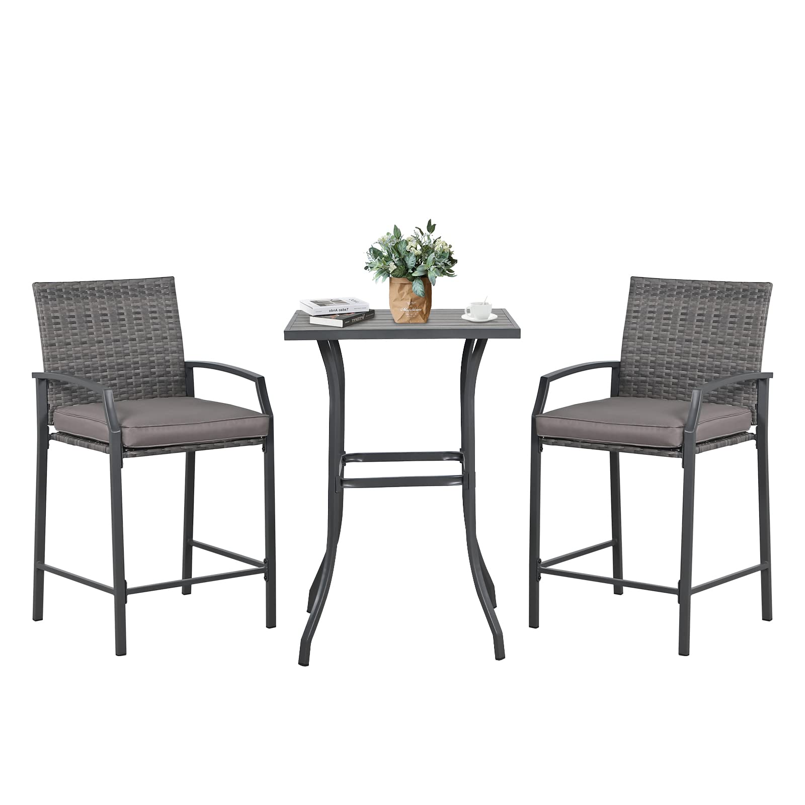 3pcs Outdoor Bar Height Bistro Set Square Coffee Table & Two Wicker Bar Stools