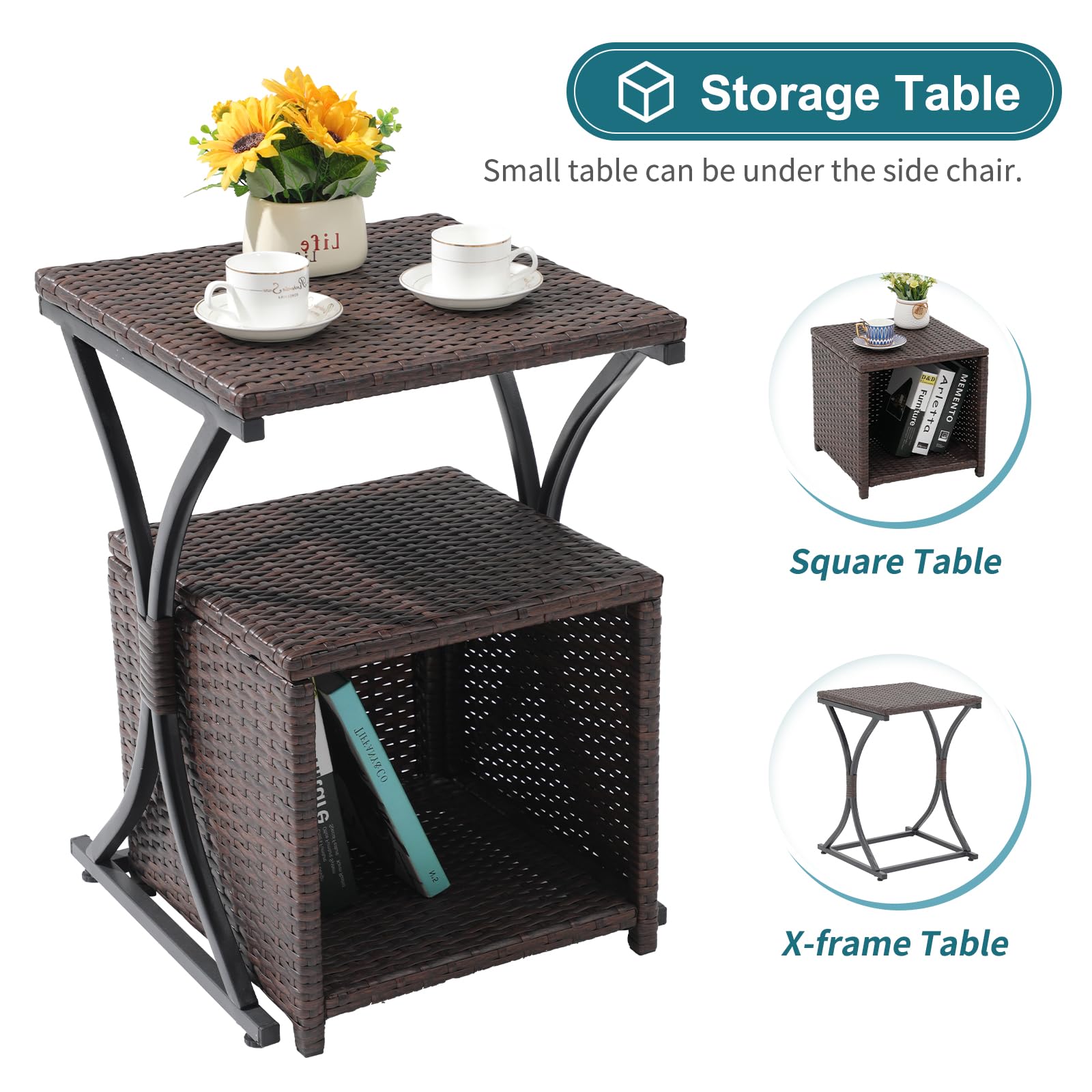 6pcs Brown Wicker Outdoor Conversation Set, Patio Chairs with Ottomans & 2 Side Tables,3 Cushion colors