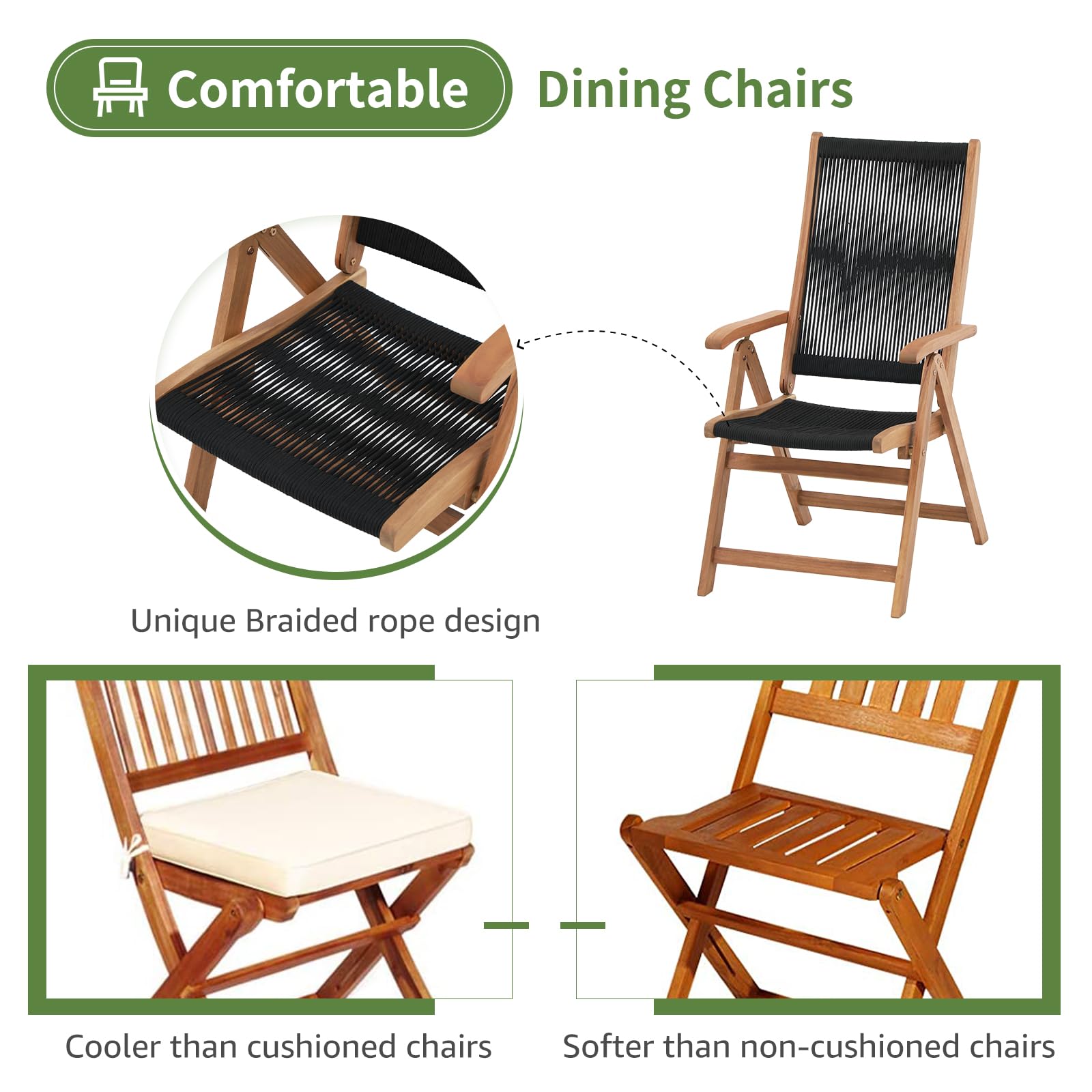 2pcs Folding Patio Dining Chairs, Outdoor Acacia Wooden Rope Reclining Chair w/Armrest, FSC Certified Wood,