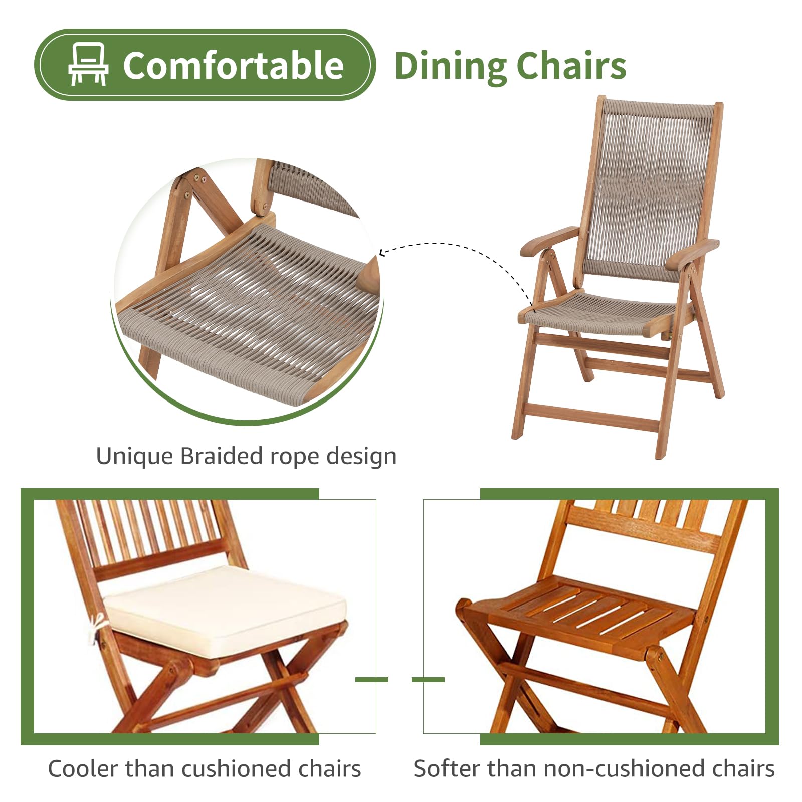 2pcs Folding Patio Dining Chairs, Outdoor Acacia Wooden Rope Reclining Chair w/Armrest, FSC Certified Wood,