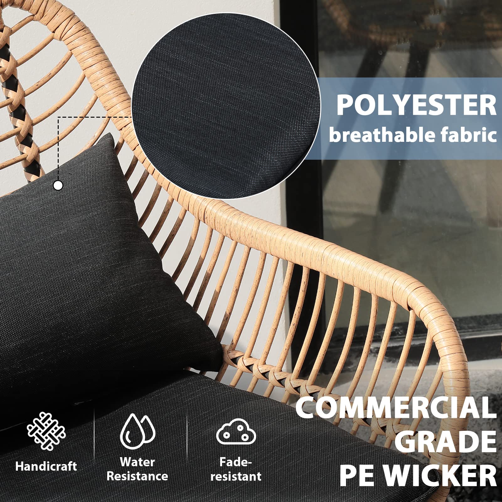 3 Piece Outdoor Wicker Furniture Bistro Set, Patio Rattan Conversation Set with Round Glass Top Coffee Side Table