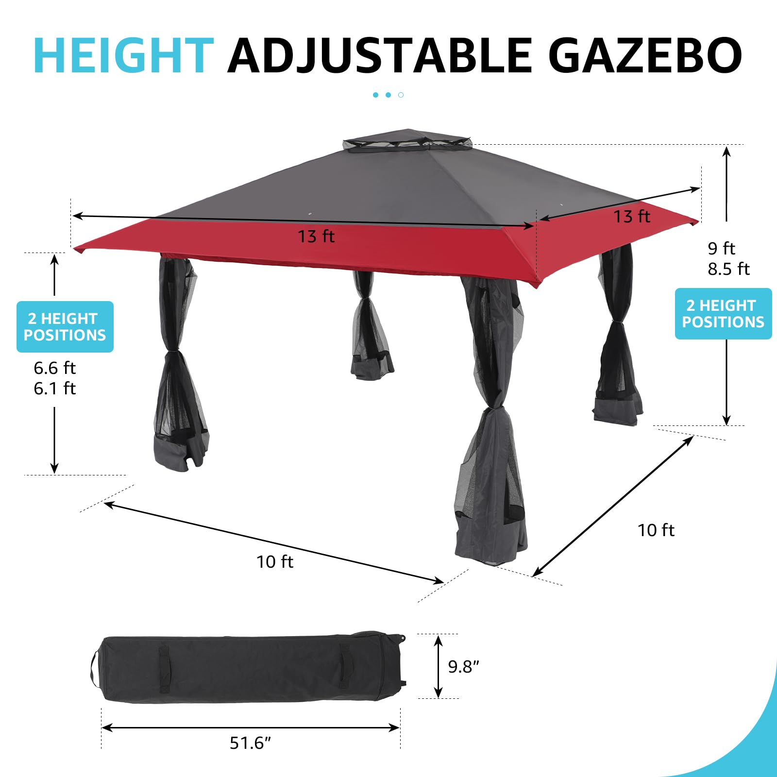 13’x13’ Pop Up Gazebo With Mosquito Netting Outdoor Canopy Tent Shade, Metal Frame